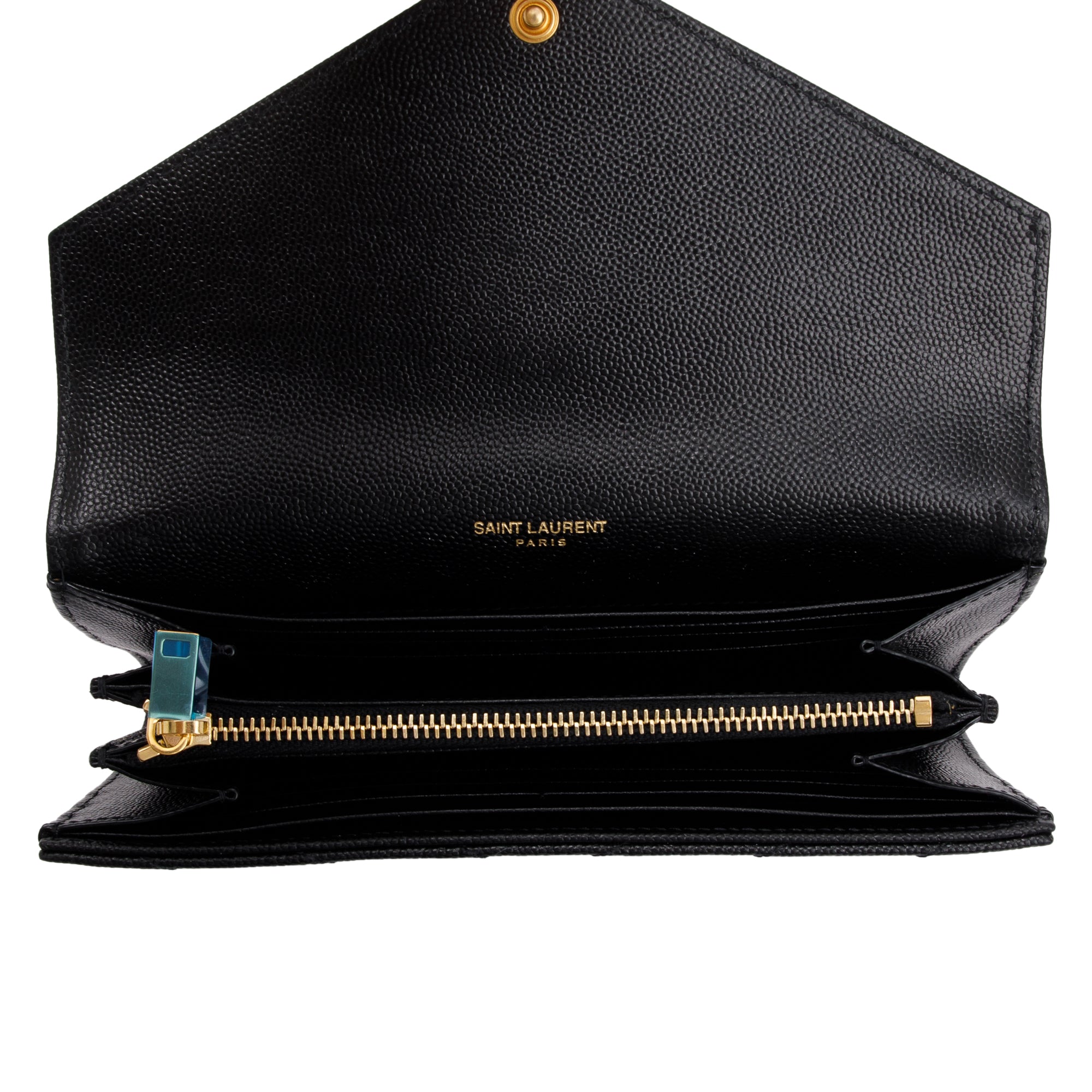 Saint Laurent 2021 Black Grain De Poudre Leather Cassandre Matelasse Large Flap Wallet w/ Box