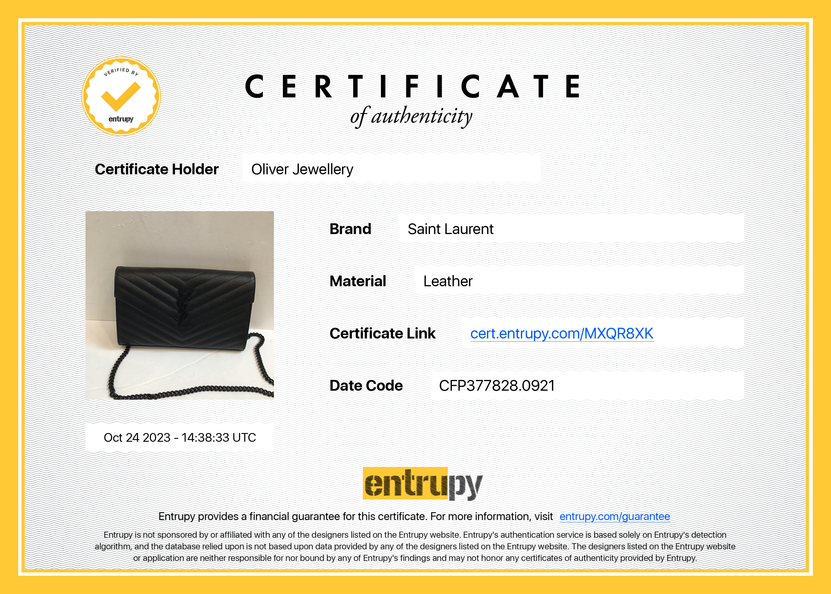 Saint Laurent 2021 Black Grained de Poudre Cassandre Matelasse Chain Wallet w/ Box