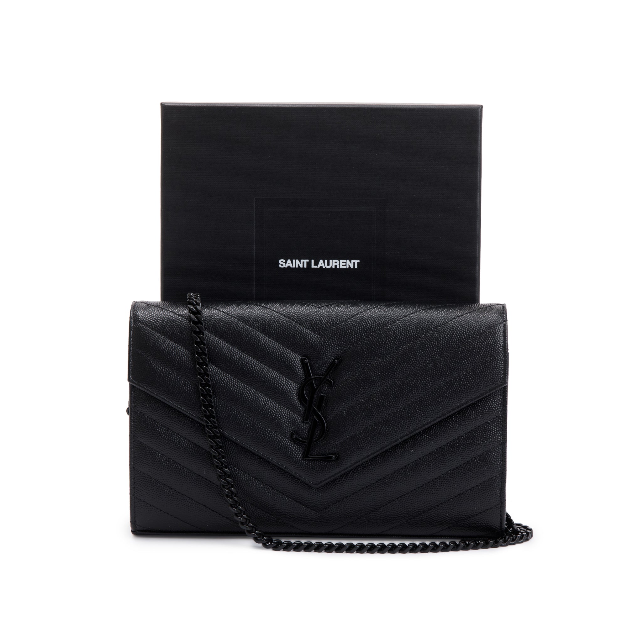 Saint Laurent 2021 Black Grained de Poudre Cassandre Matelasse Chain Wallet w/ Box