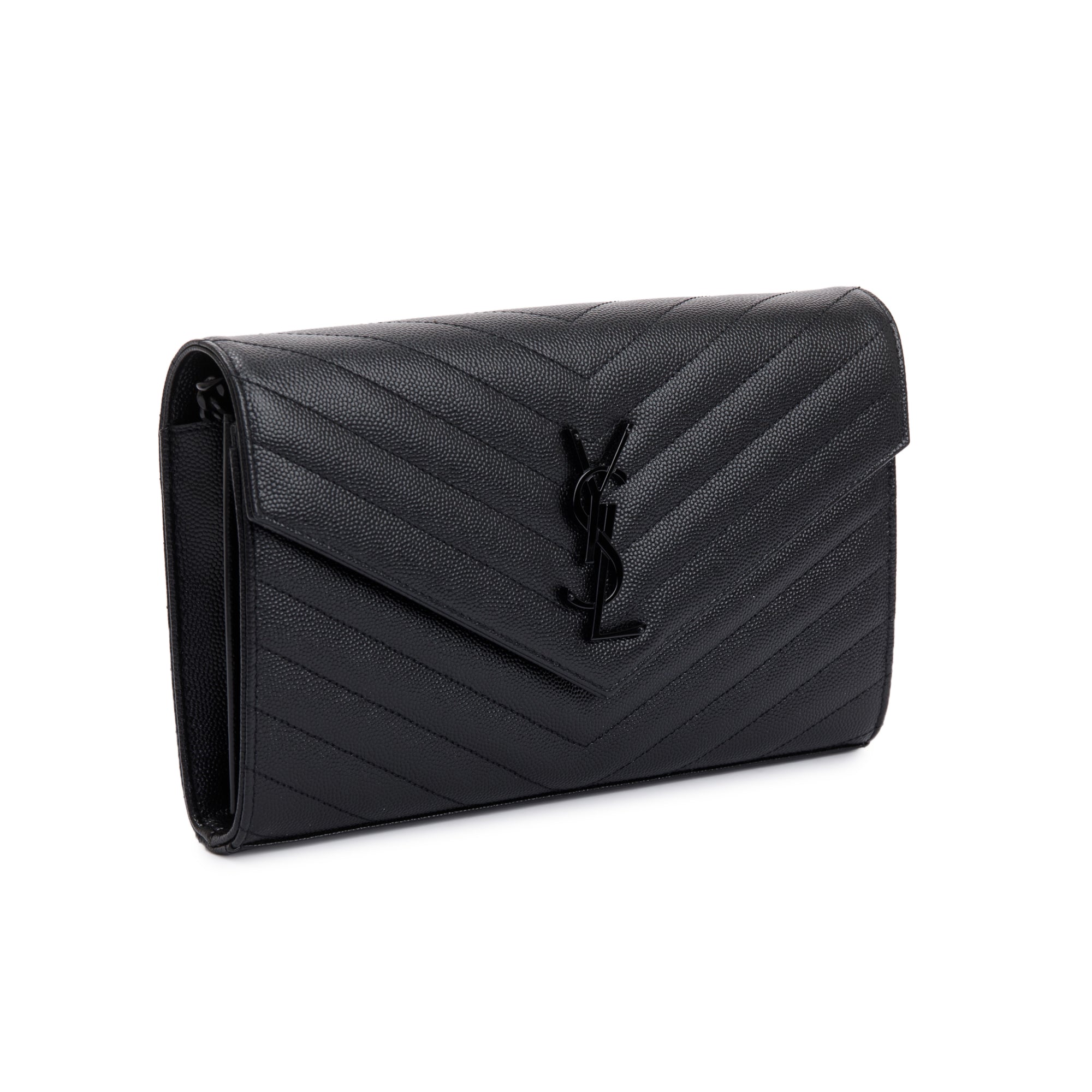 Saint Laurent 2021 Black Grained de Poudre Cassandre Matelasse Chain Wallet w/ Box