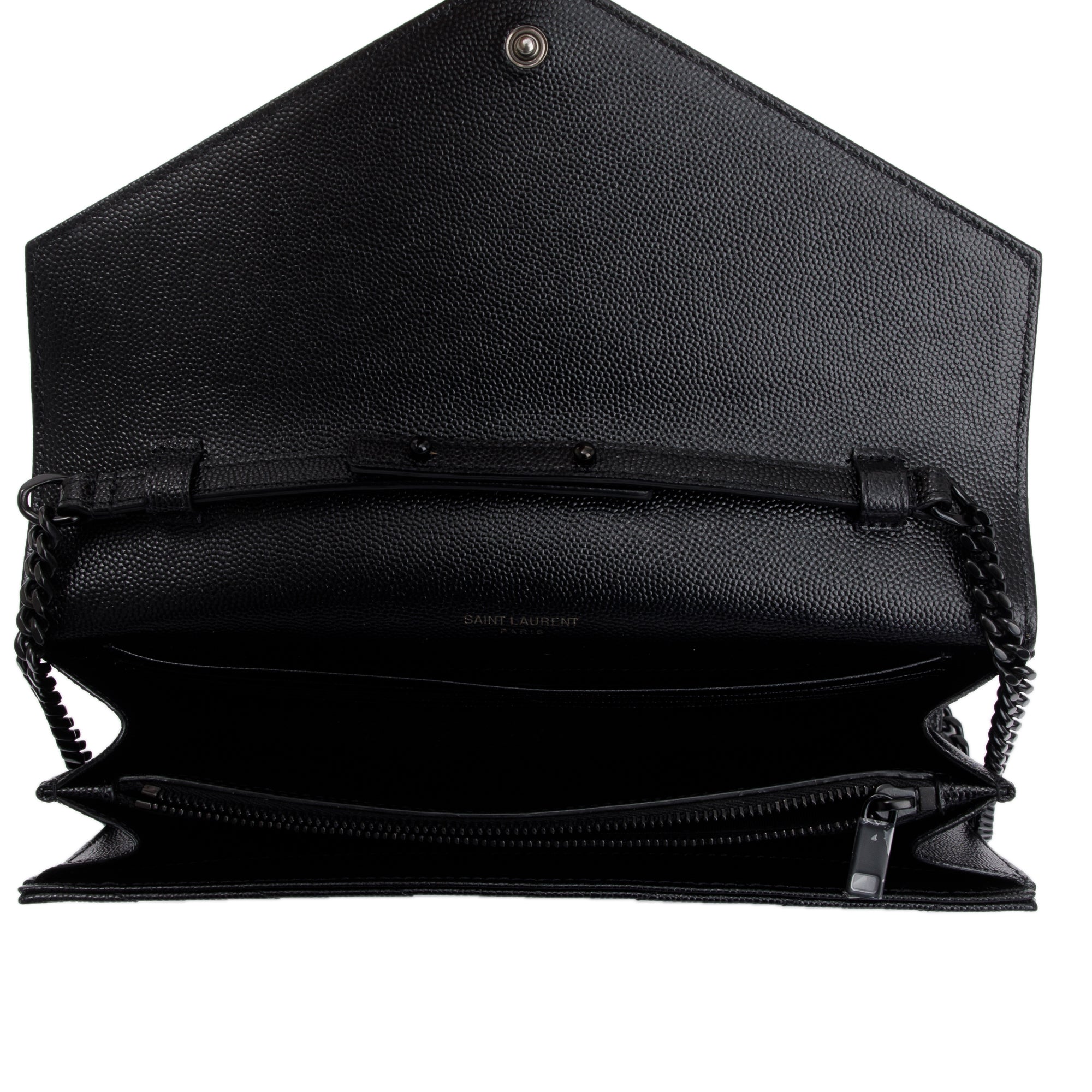 Saint Laurent 2021 Black Grained de Poudre Cassandre Matelasse Chain Wallet w/ Box