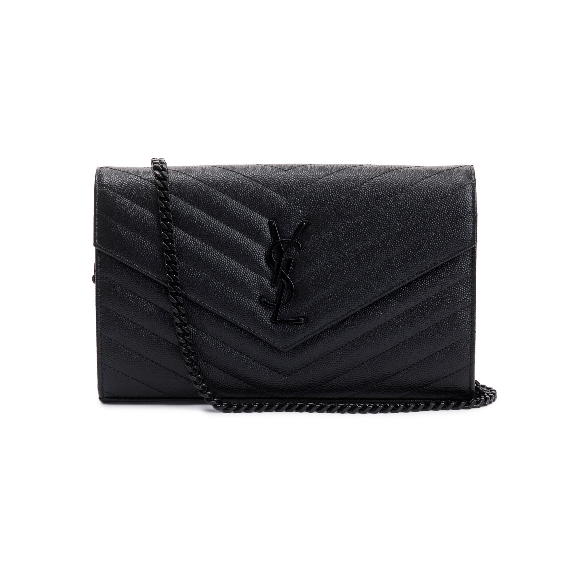 Saint Laurent 2021 Black Grained de Poudre Cassandre Matelasse Chain Wallet w/ Box