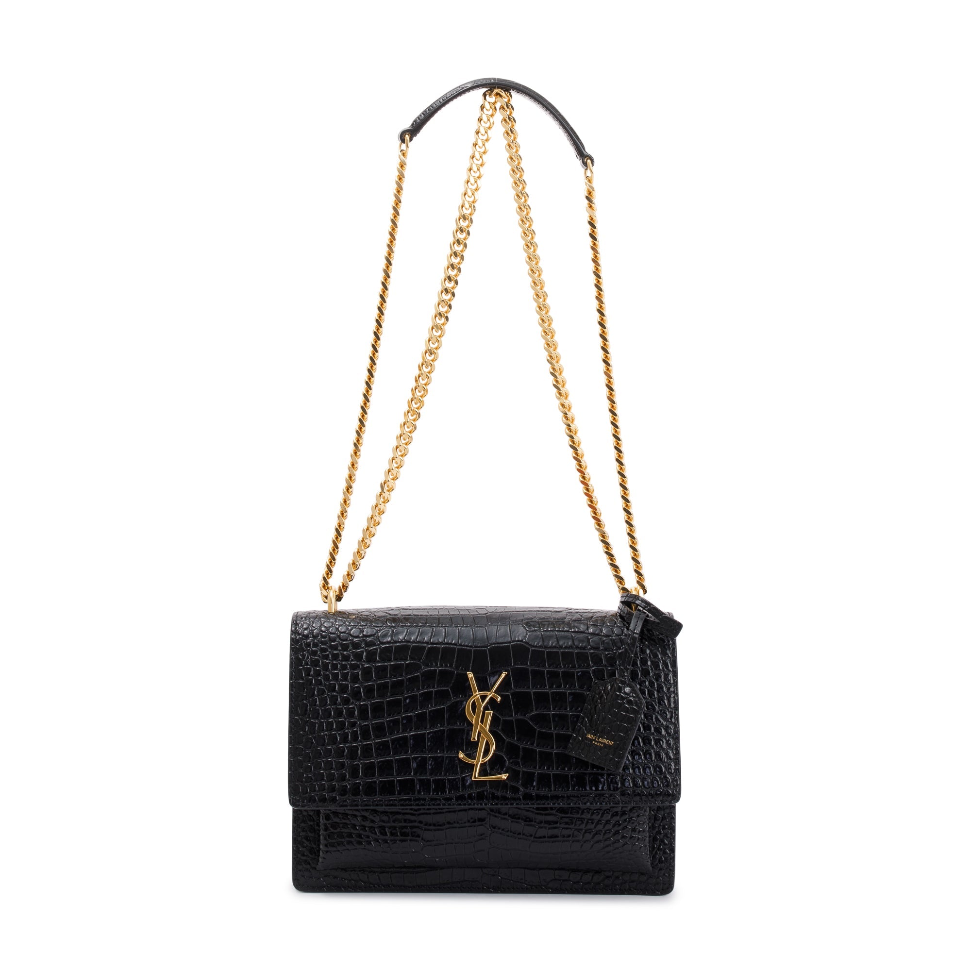 Saint Laurent 2021 Black Medium Crocodile Embossed Sunset Bag w/ Box