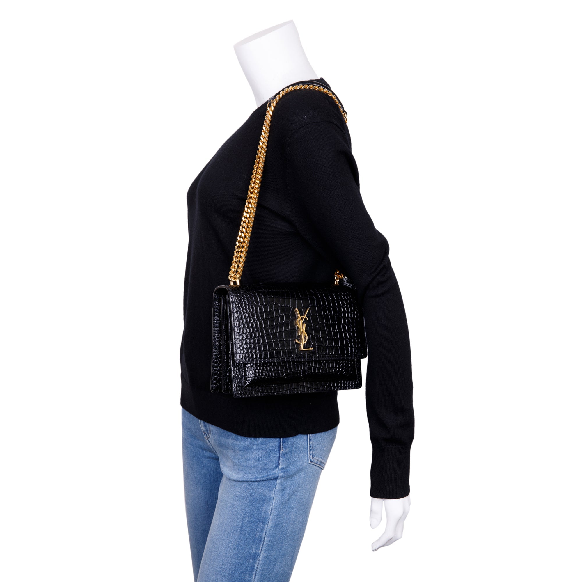 Saint Laurent 2021 Black Medium Crocodile Embossed Sunset Bag w/ Box