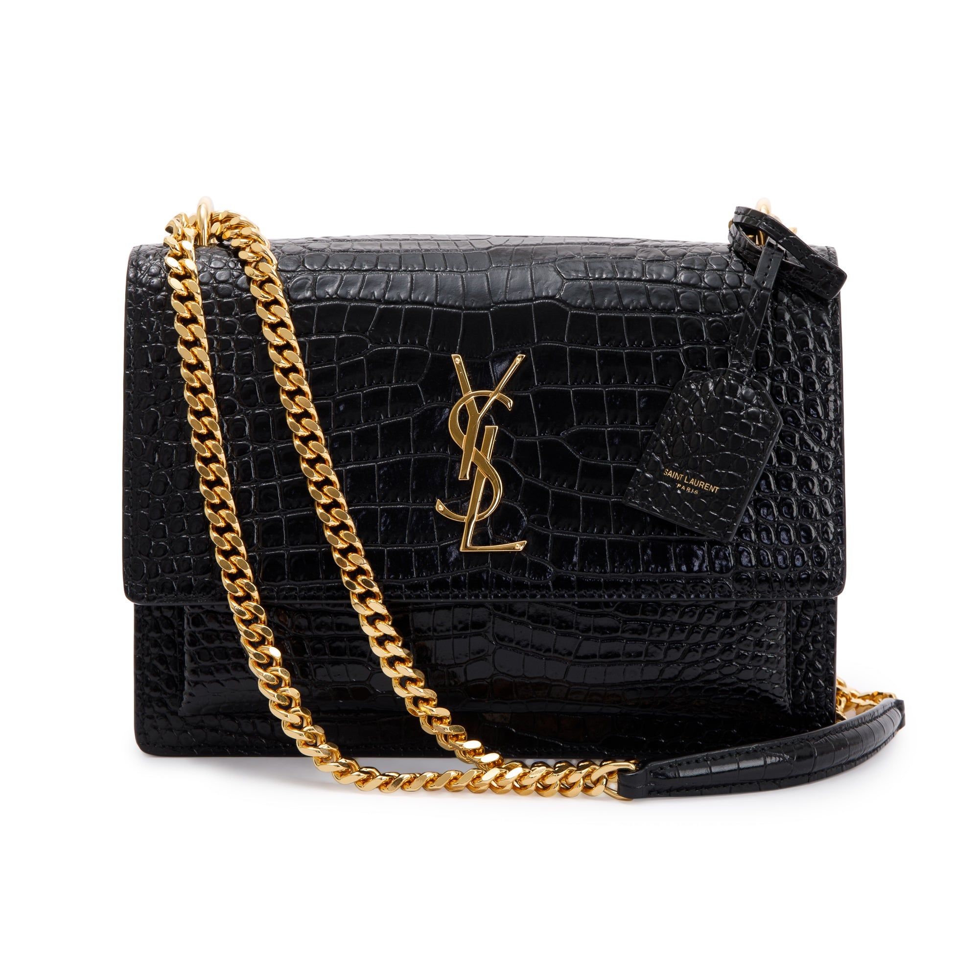Saint Laurent 2021 Black Medium Crocodile Embossed Sunset Bag w/ Box
