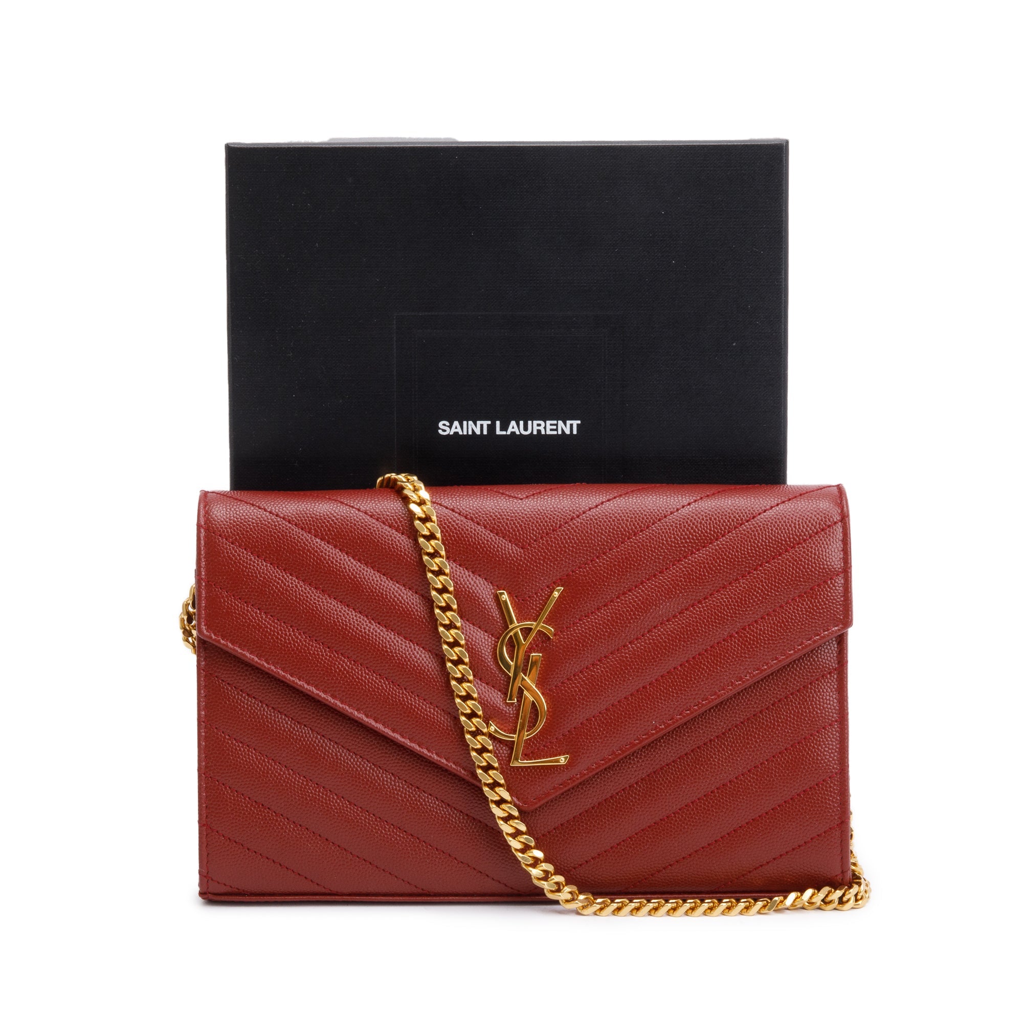 Saint Laurent 2021 Burgundy Grain De Poudre Leather Cassandre Matelasse Chain Wallet w/ Box & Receipt