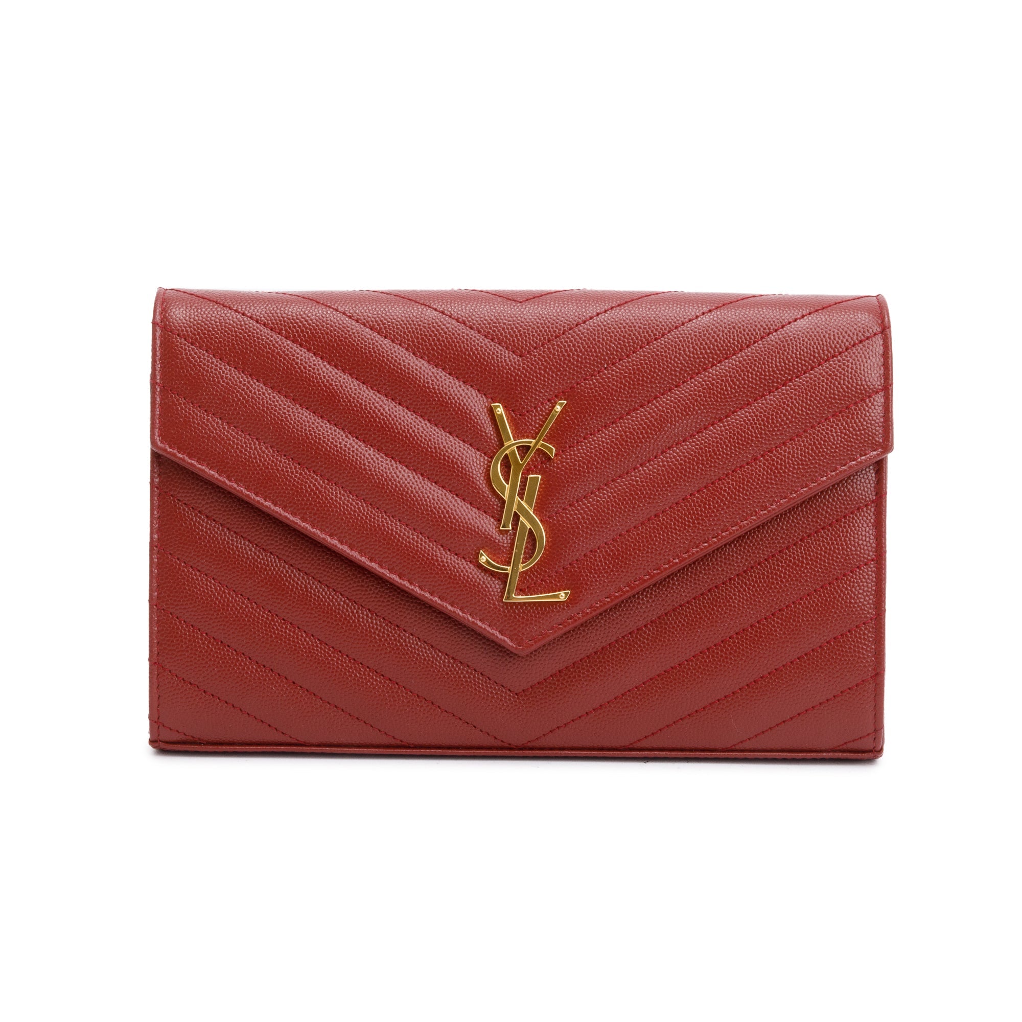 Saint Laurent 2021 Burgundy Grain De Poudre Leather Cassandre Matelasse Chain Wallet w/ Box & Receipt