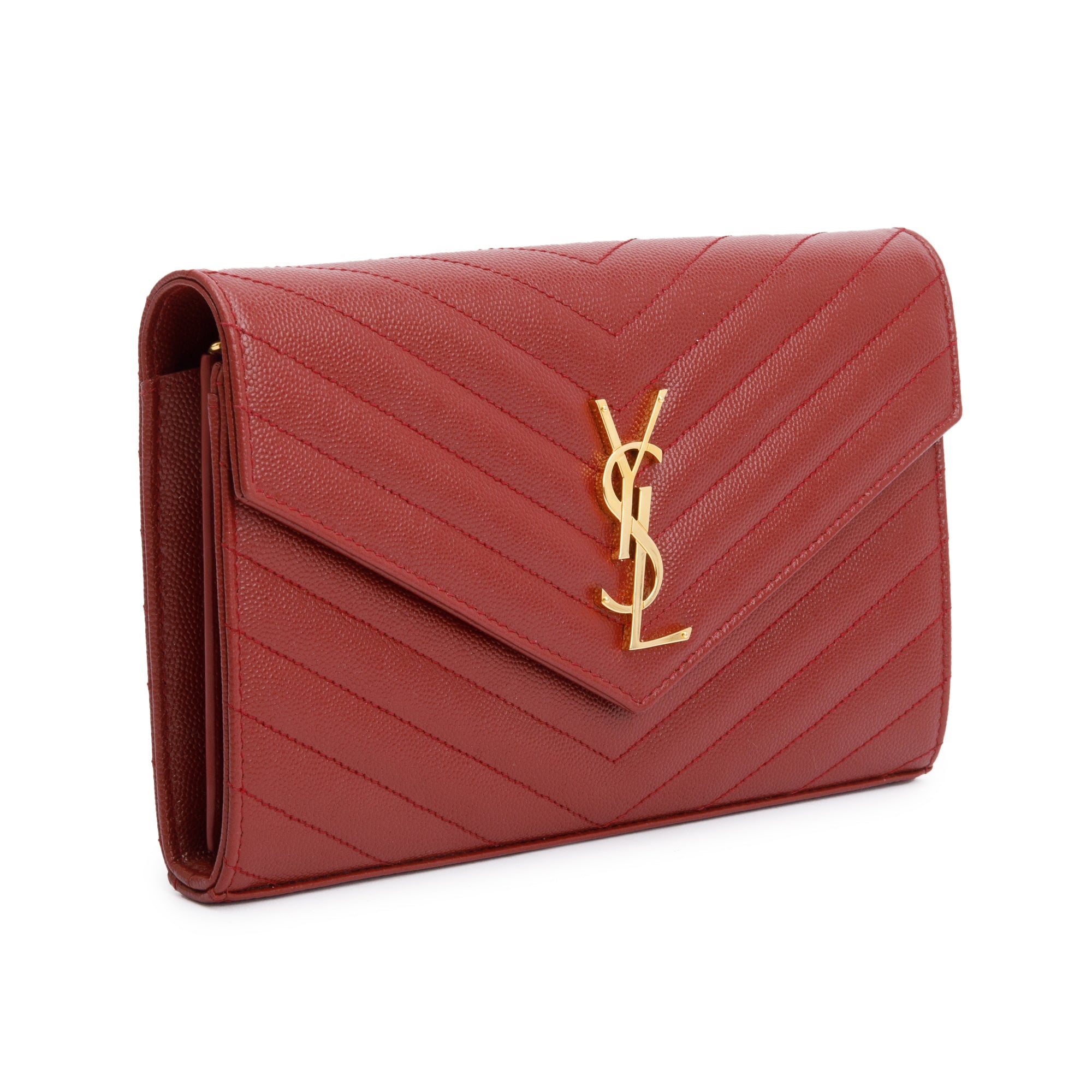 Saint Laurent 2021 Burgundy Grain De Poudre Leather Cassandre Matelasse Chain Wallet w/ Box & Receipt