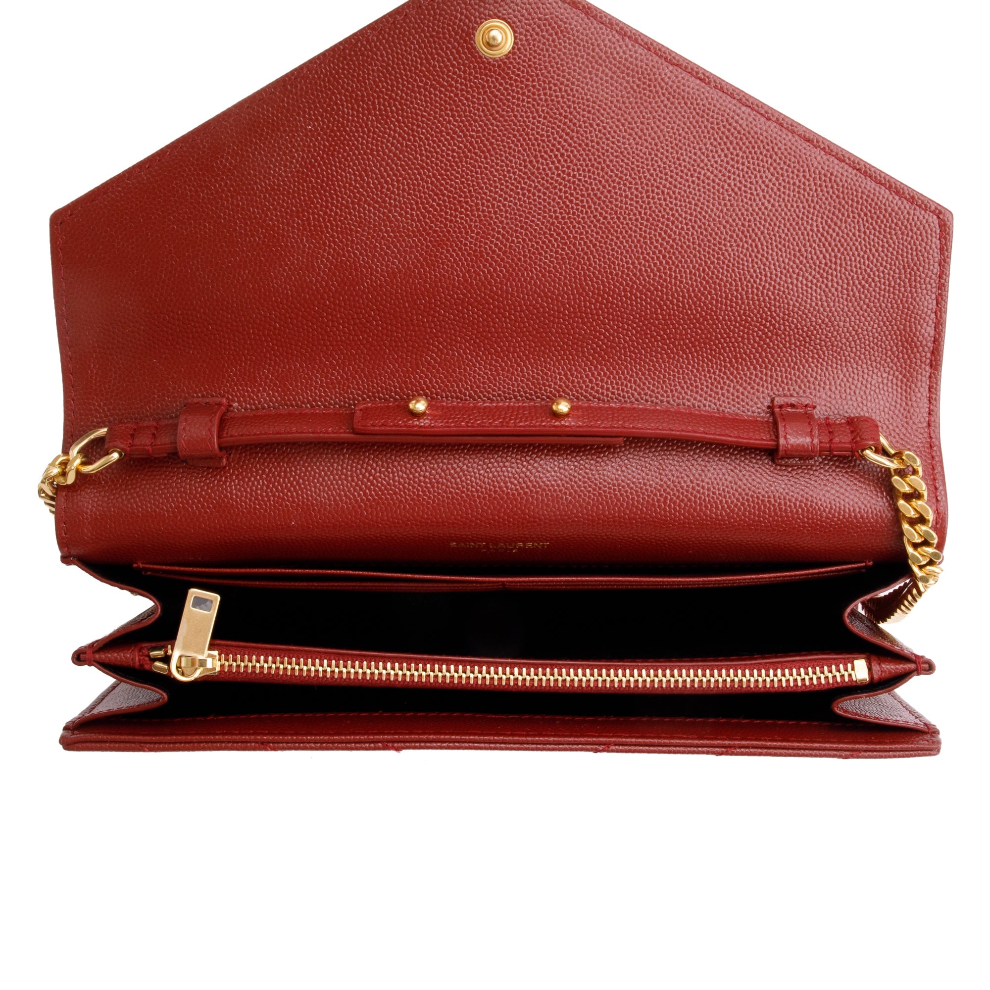 Saint Laurent 2021 Burgundy Grain De Poudre Leather Cassandre Matelasse Chain Wallet w/ Box & Receipt