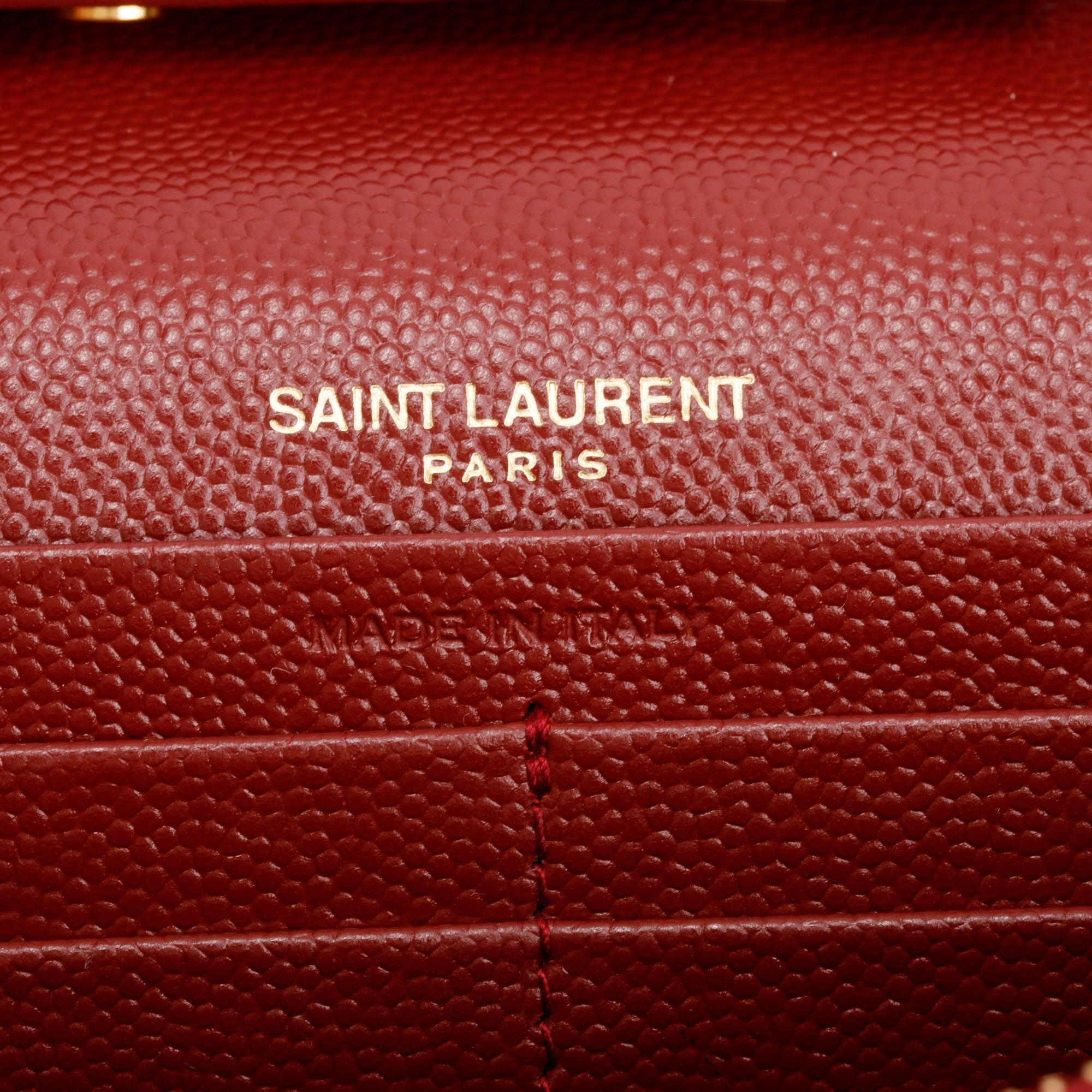 Saint Laurent 2021 Burgundy Grain De Poudre Leather Cassandre Matelasse Chain Wallet w/ Box & Receipt