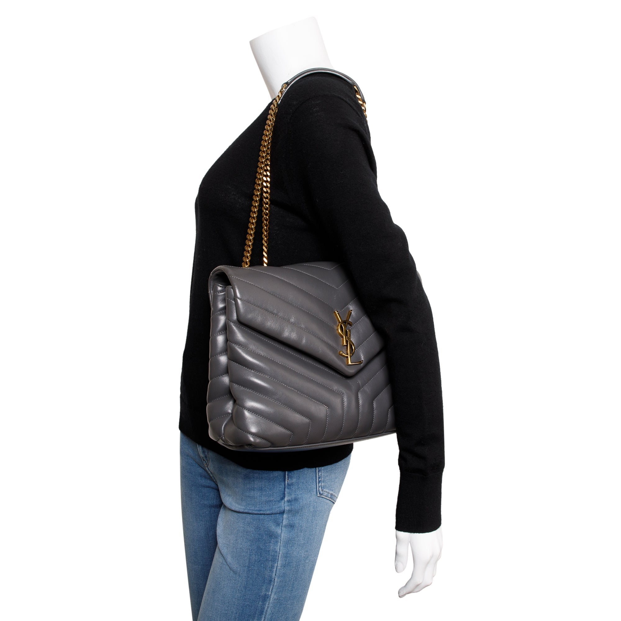 Saint Laurent 2021 Grey Calfskin Leather Medium Loulou Monogram Shoulder Bag w/ Box