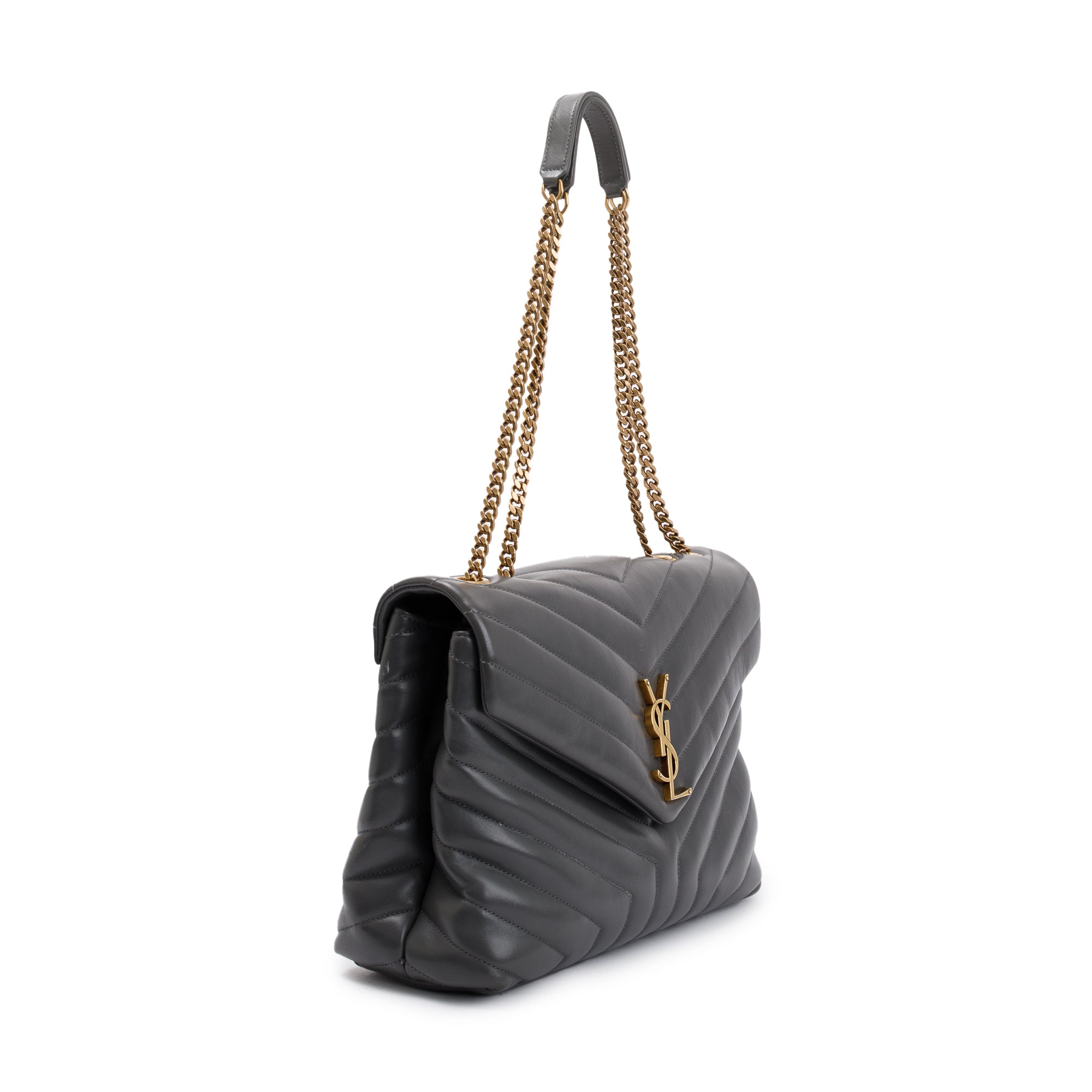 Saint Laurent 2021 Grey Calfskin Leather Medium Loulou Monogram Shoulder Bag w/ Box