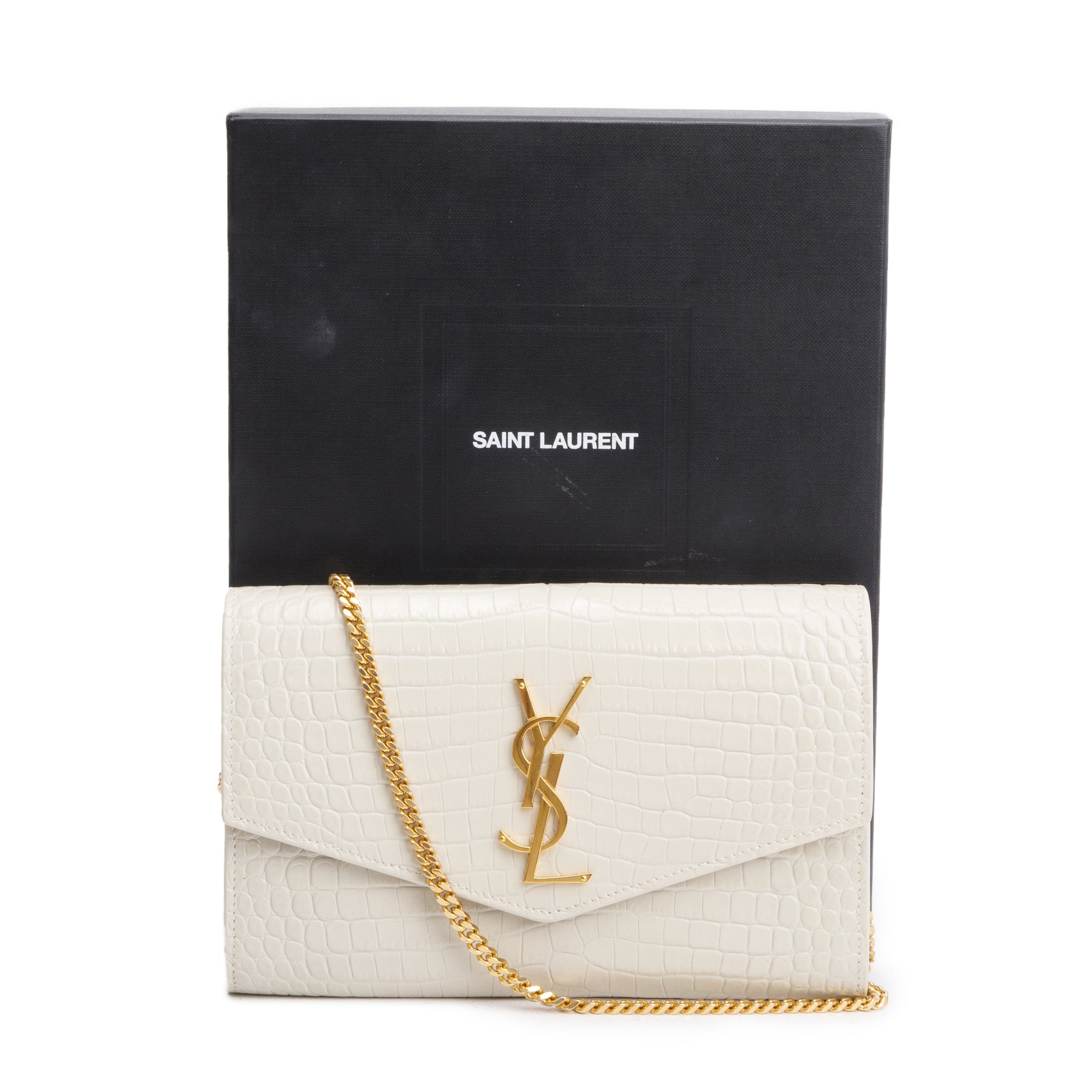 Saint Laurent 2021 Neutral Crocodile Embossed Leather Uptown Chain Wallet w/ Box