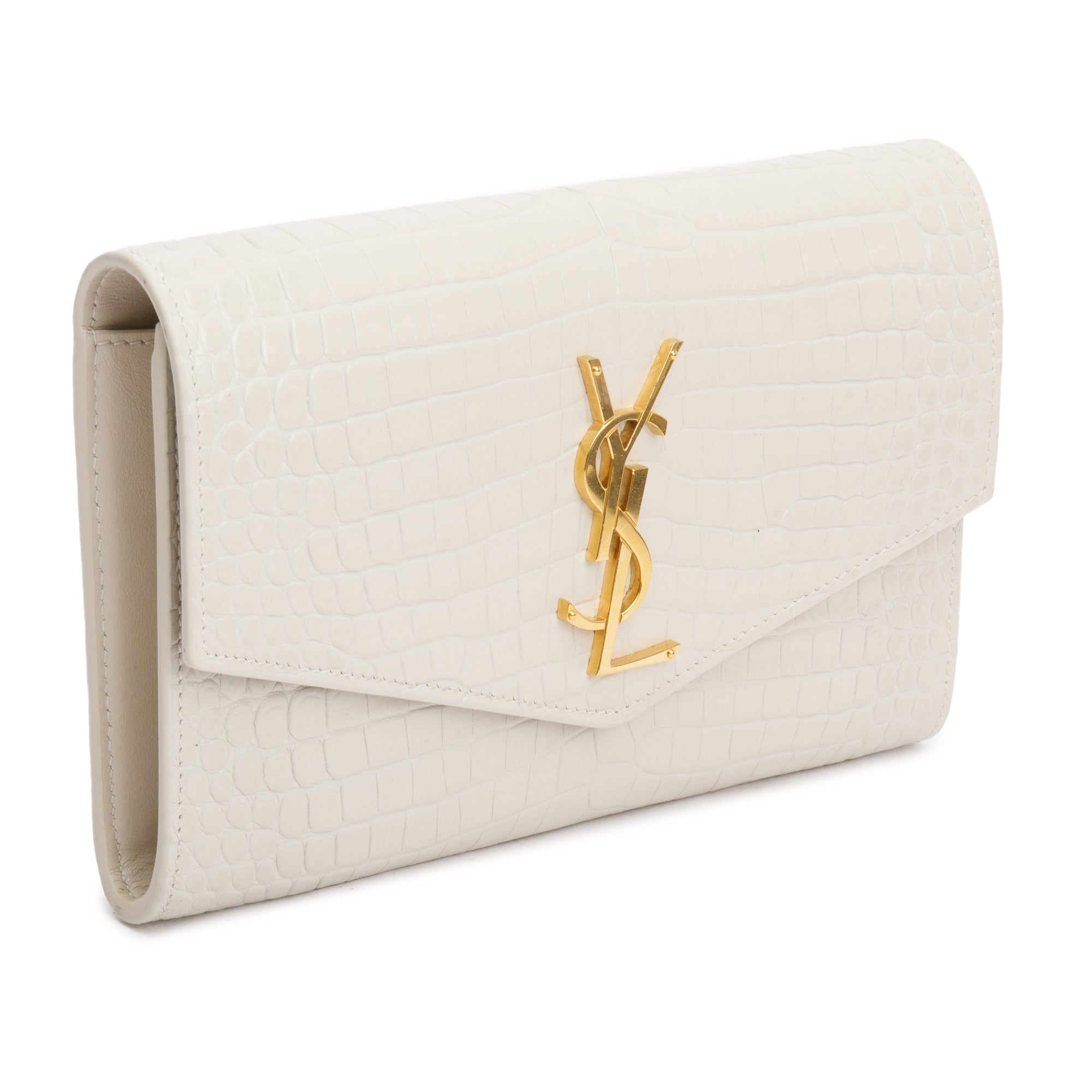 Saint Laurent 2021 Neutral Crocodile Embossed Leather Uptown Chain Wallet w/ Box