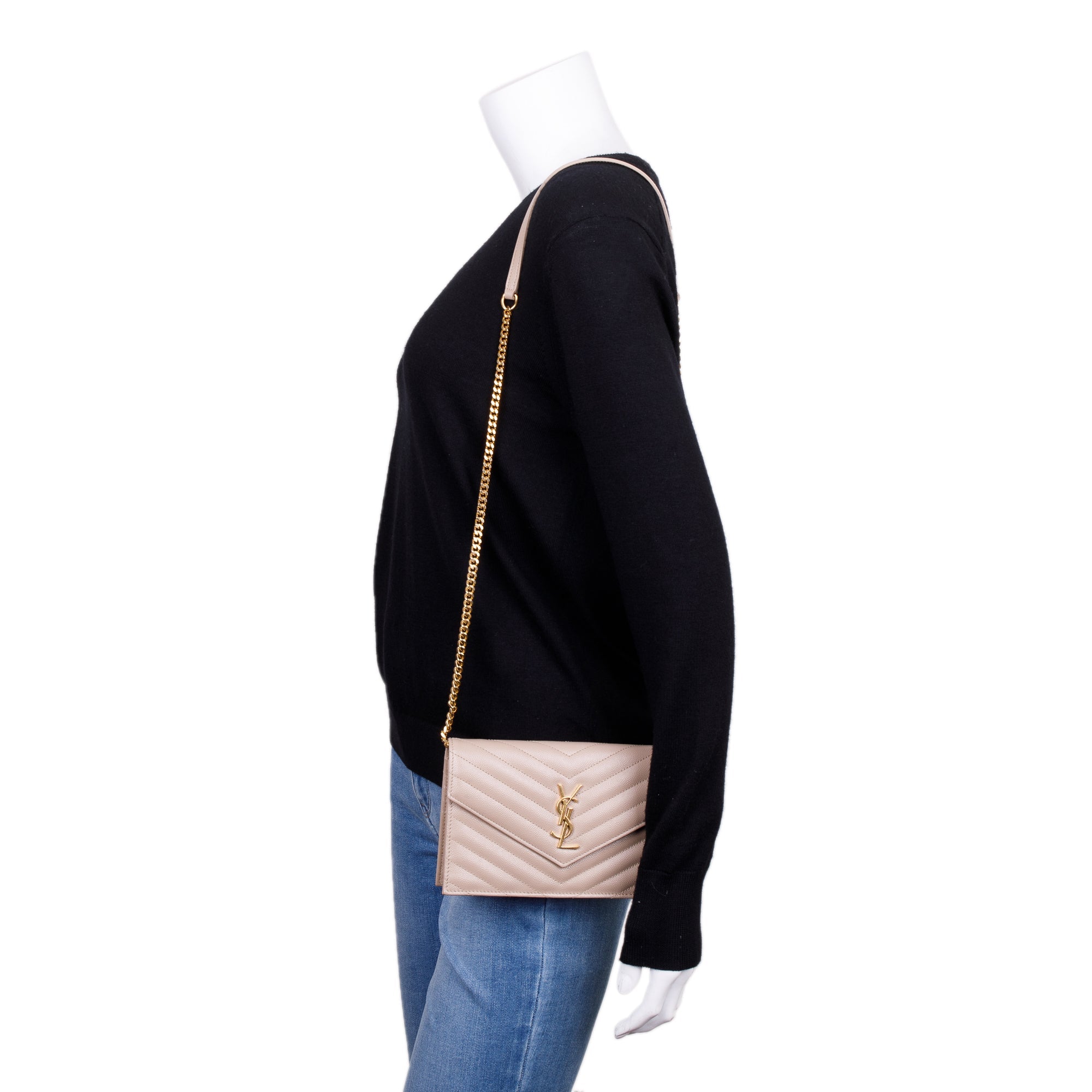 Saint Laurent 2022 Beige Cassandre Matelasse Envelope Chain Wallet w/ Box