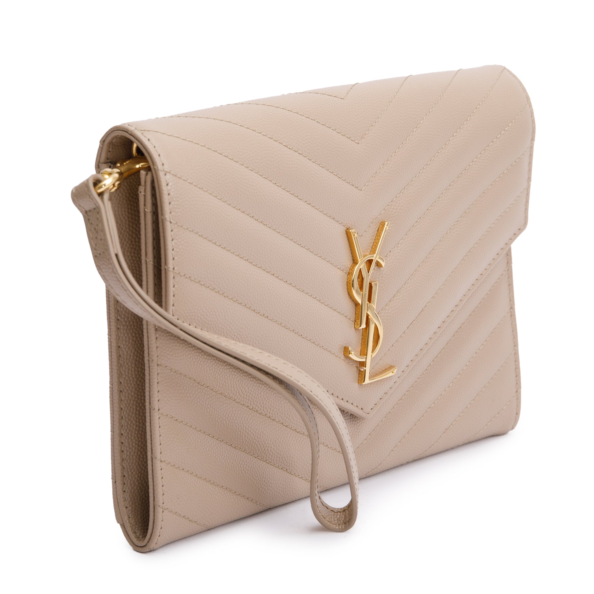 Saint Laurent 2022 Beige Grain De Poudre Matelasse Cassandre Flap Pouch w/ Strap