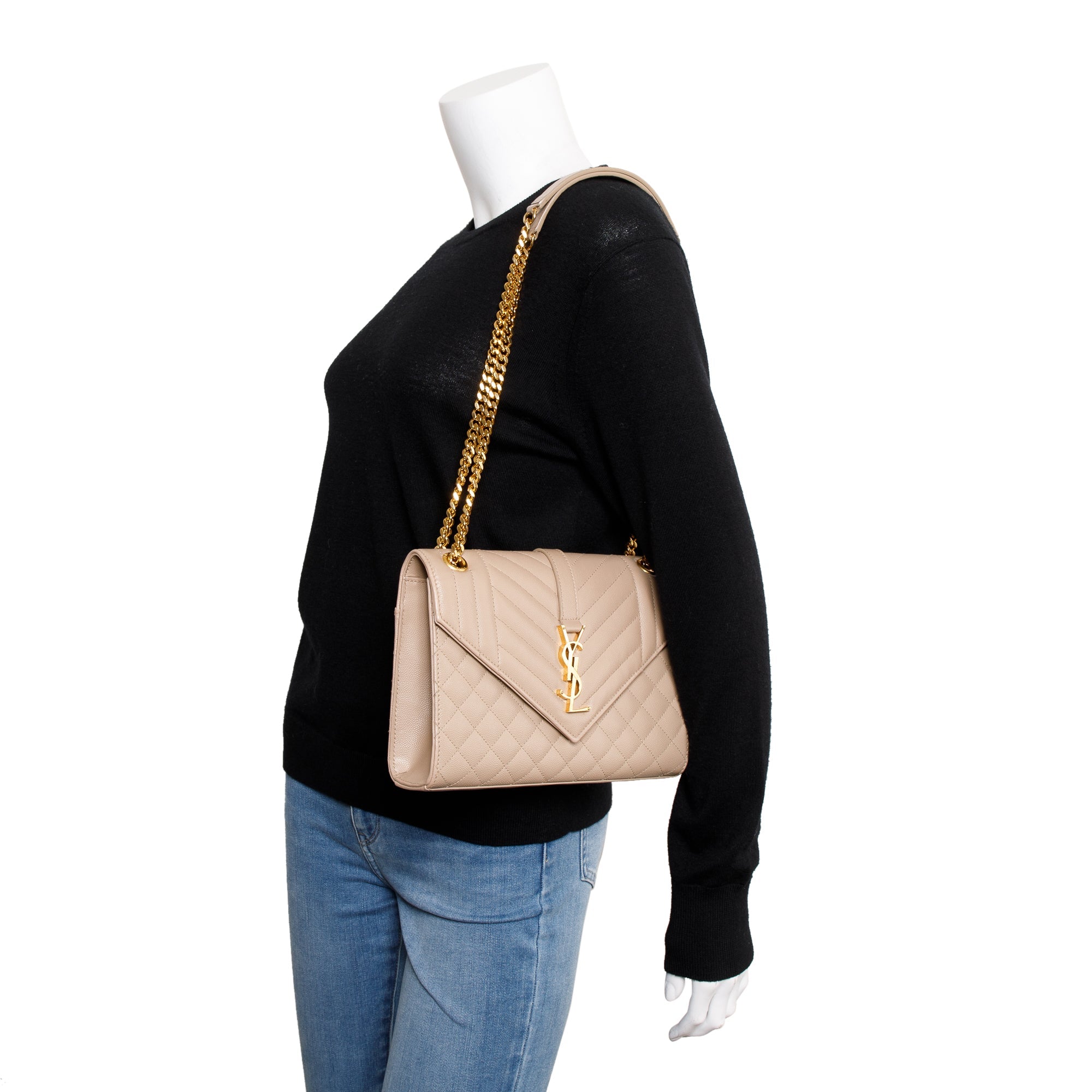 Saint Laurent 2022 Beige Grained De Poudre Medium Envelope Shoulder Bag