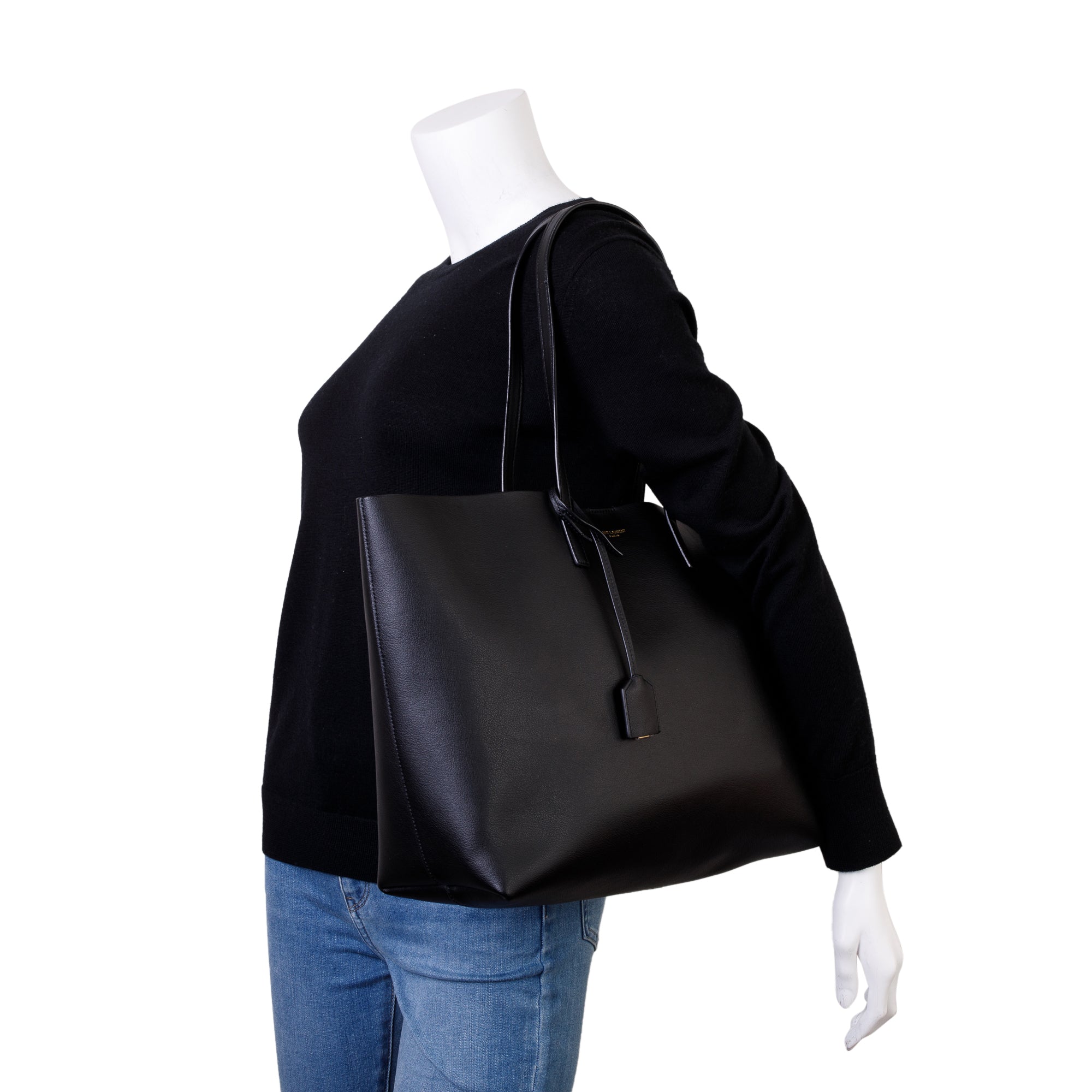 Saint Laurent 2022 Black Calfskin Leather Large E/W Shopping Tote w/ Pouch