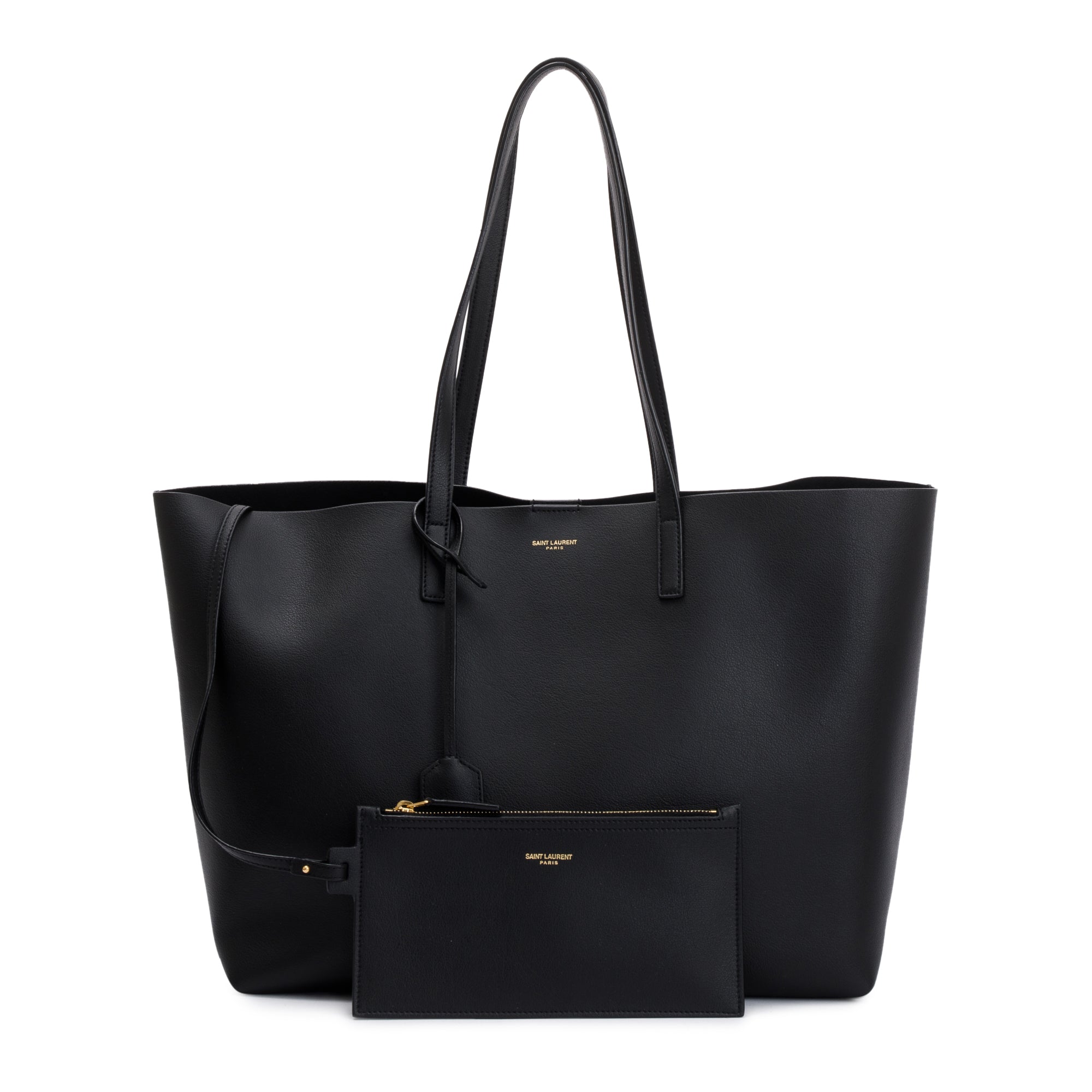 Saint Laurent 2022 Black Calfskin Leather Large E/W Shopping Tote w/ Pouch