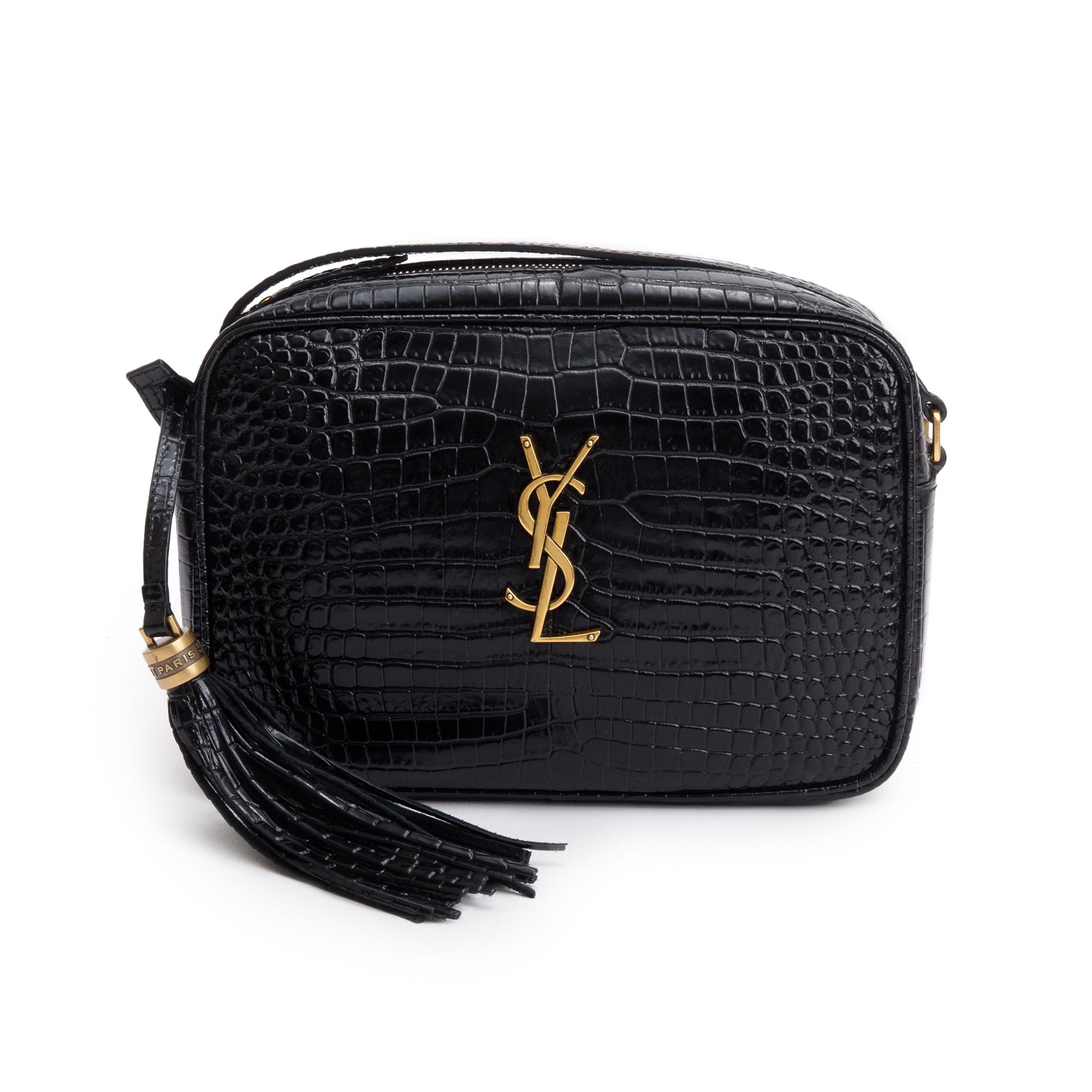 Saint Laurent 2022 Black Croc Embossed Patent Leather Lou Camera Bag w/ Receipt