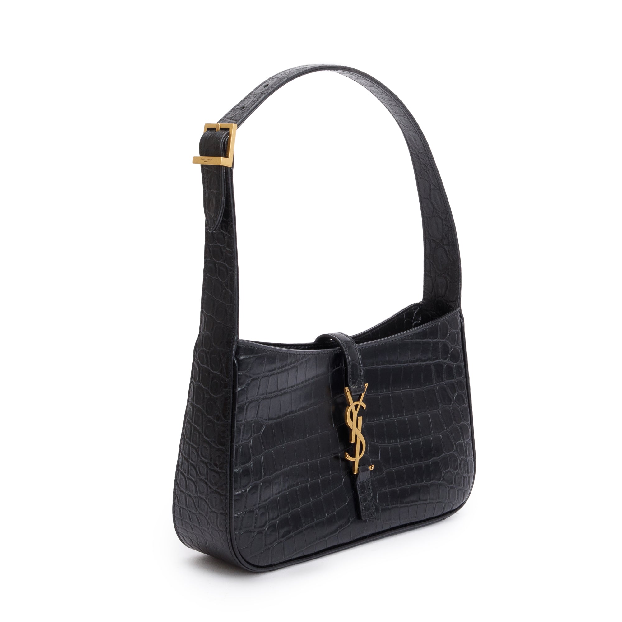 Saint Laurent 2022 Black Croc Embossed Shiny Leather Le 5 A 7 Hobo Bag w/ Box
