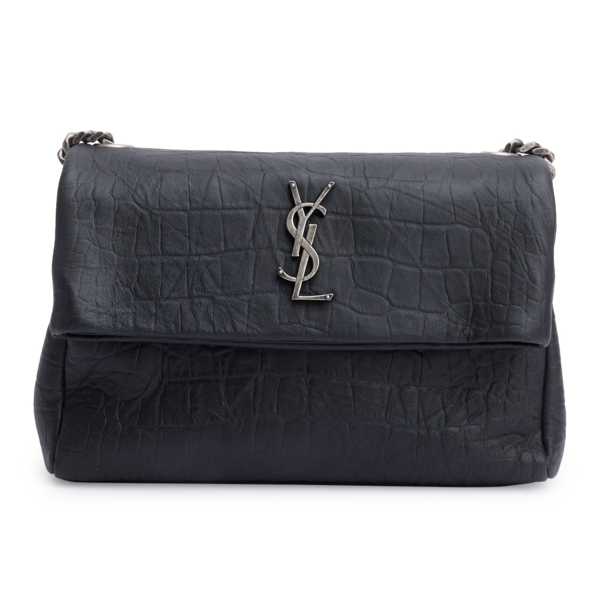 Saint Laurent 2022 Black Crocodile Embossed Calfskin Leather Medium Monogram West Hollywood Fold-Over Bag