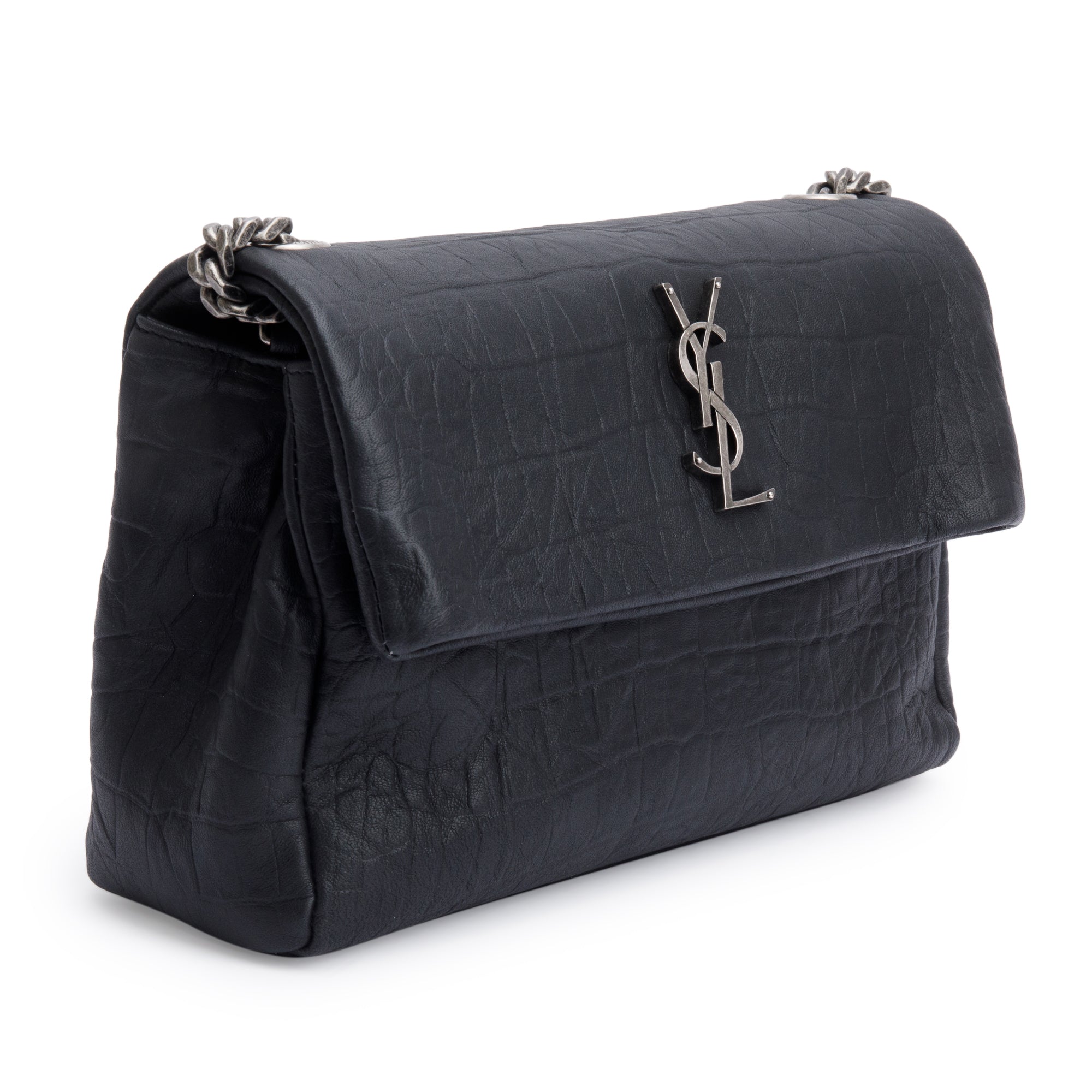 Saint Laurent 2022 Black Crocodile Embossed Calfskin Leather Medium Monogram West Hollywood Fold-Over Bag