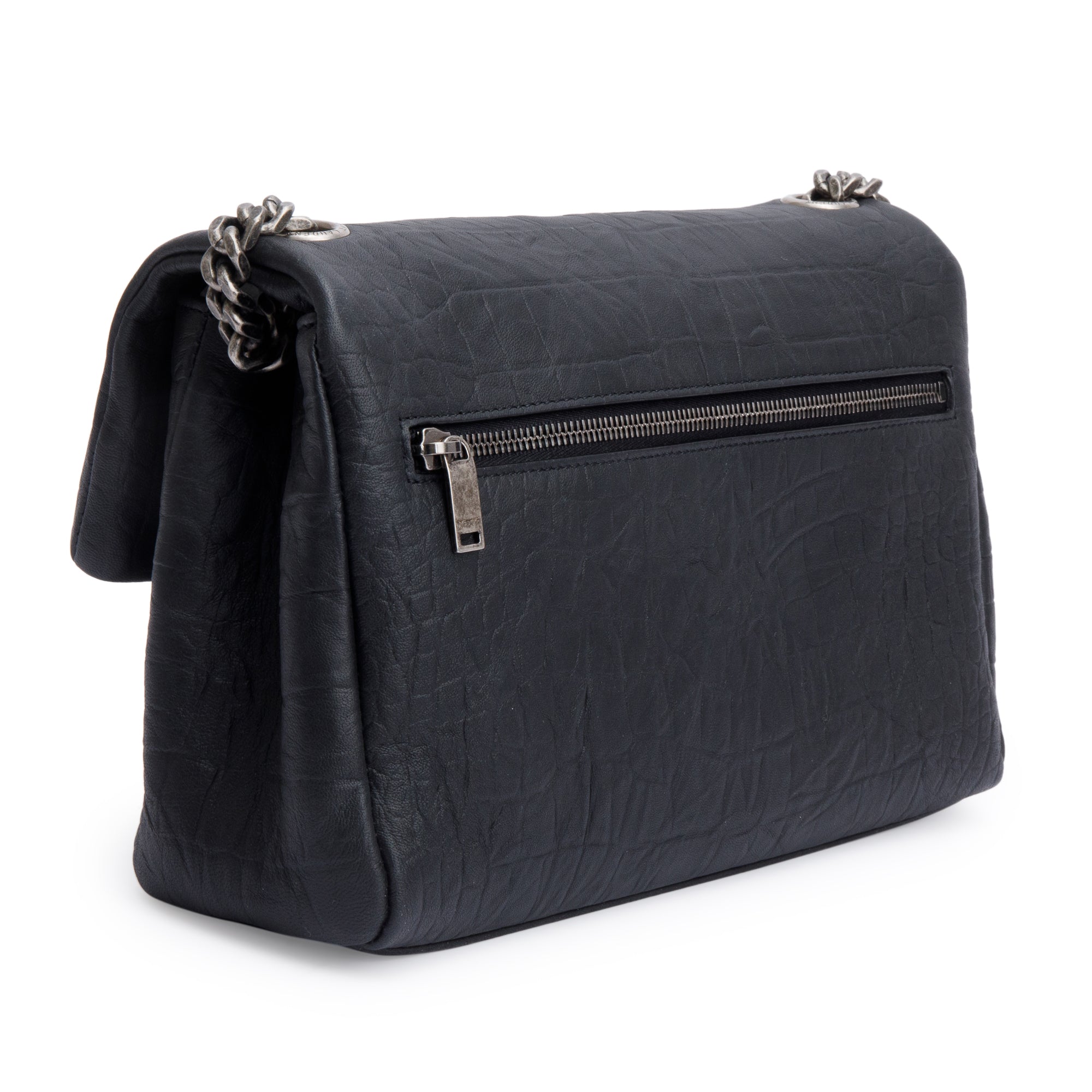 Saint Laurent 2022 Black Crocodile Embossed Calfskin Leather Medium Monogram West Hollywood Fold-Over Bag