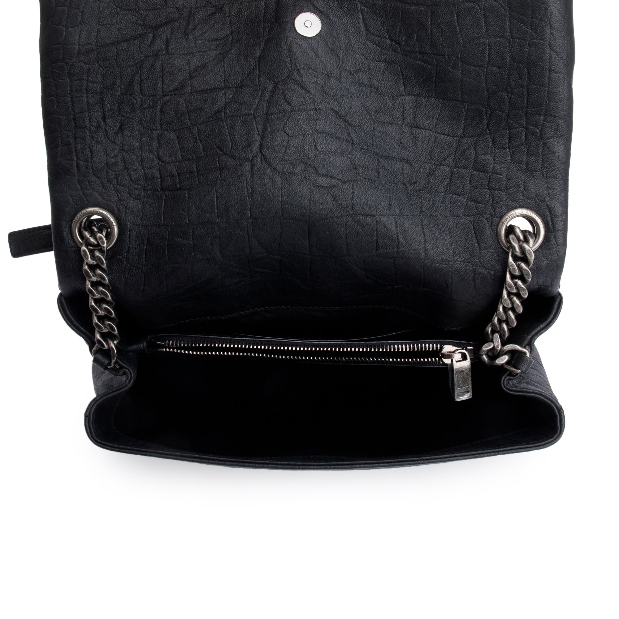 Saint Laurent 2022 Black Crocodile Embossed Calfskin Leather Medium Monogram West Hollywood Fold-Over Bag