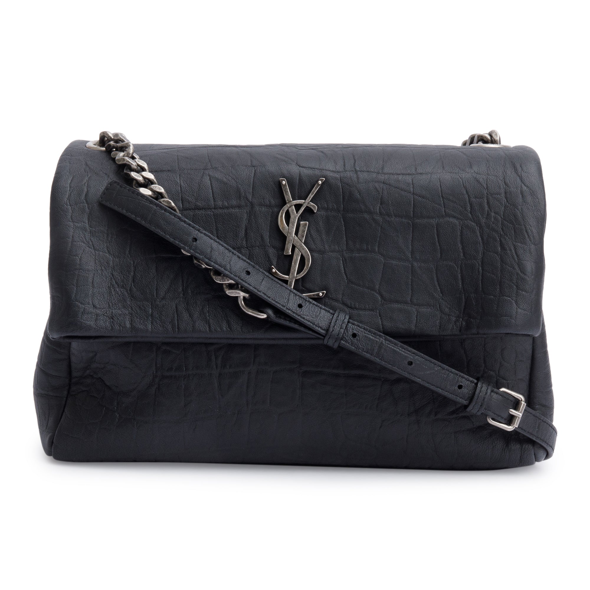 Saint Laurent 2022 Black Crocodile Embossed Calfskin Leather Medium Monogram West Hollywood Fold-Over Bag