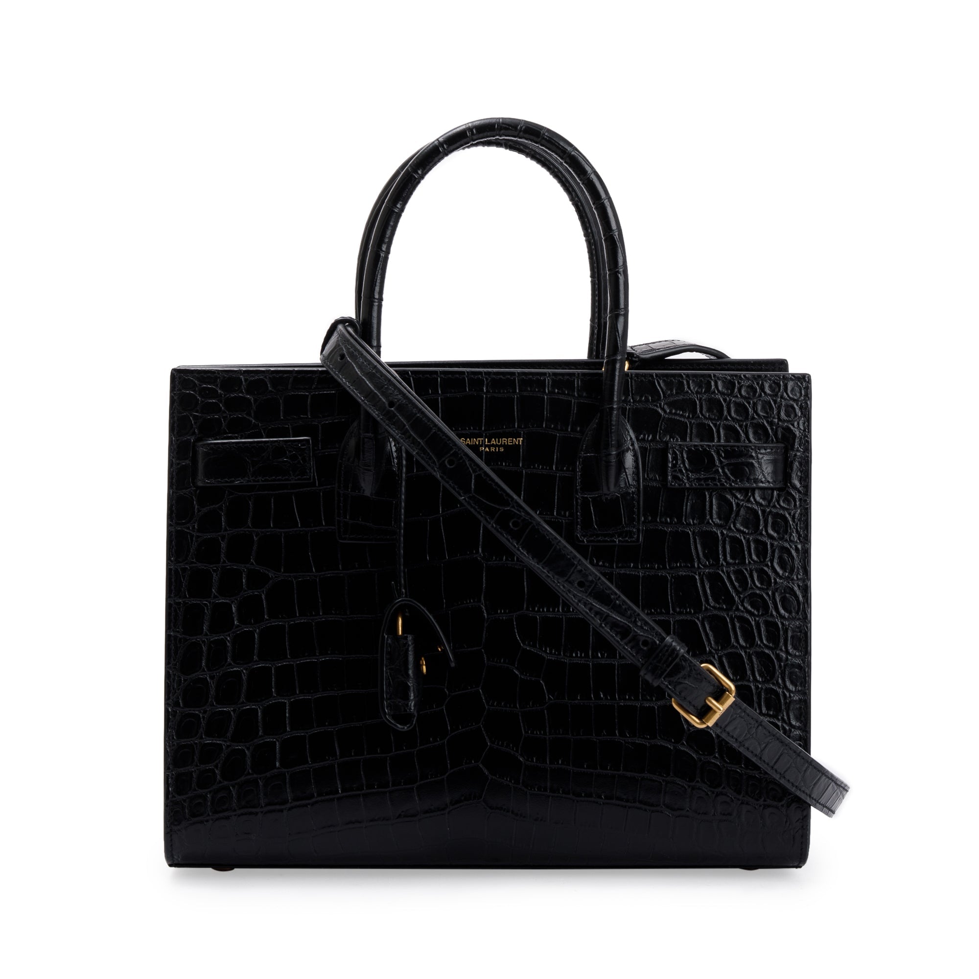 Saint Laurent 2022 Black Crocodile Embossed Leather Baby Sac De Jour w/ Strap & Pouch