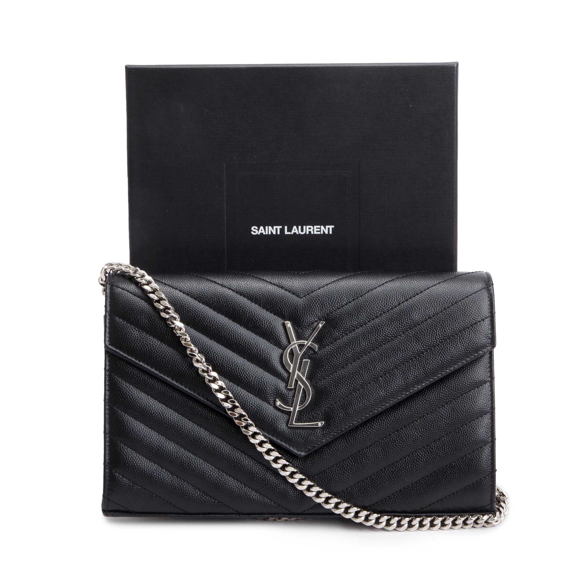 Saint Laurent 2022 Black Grain De Poudre Cassandre Envelope Chain Wallet w/ Box