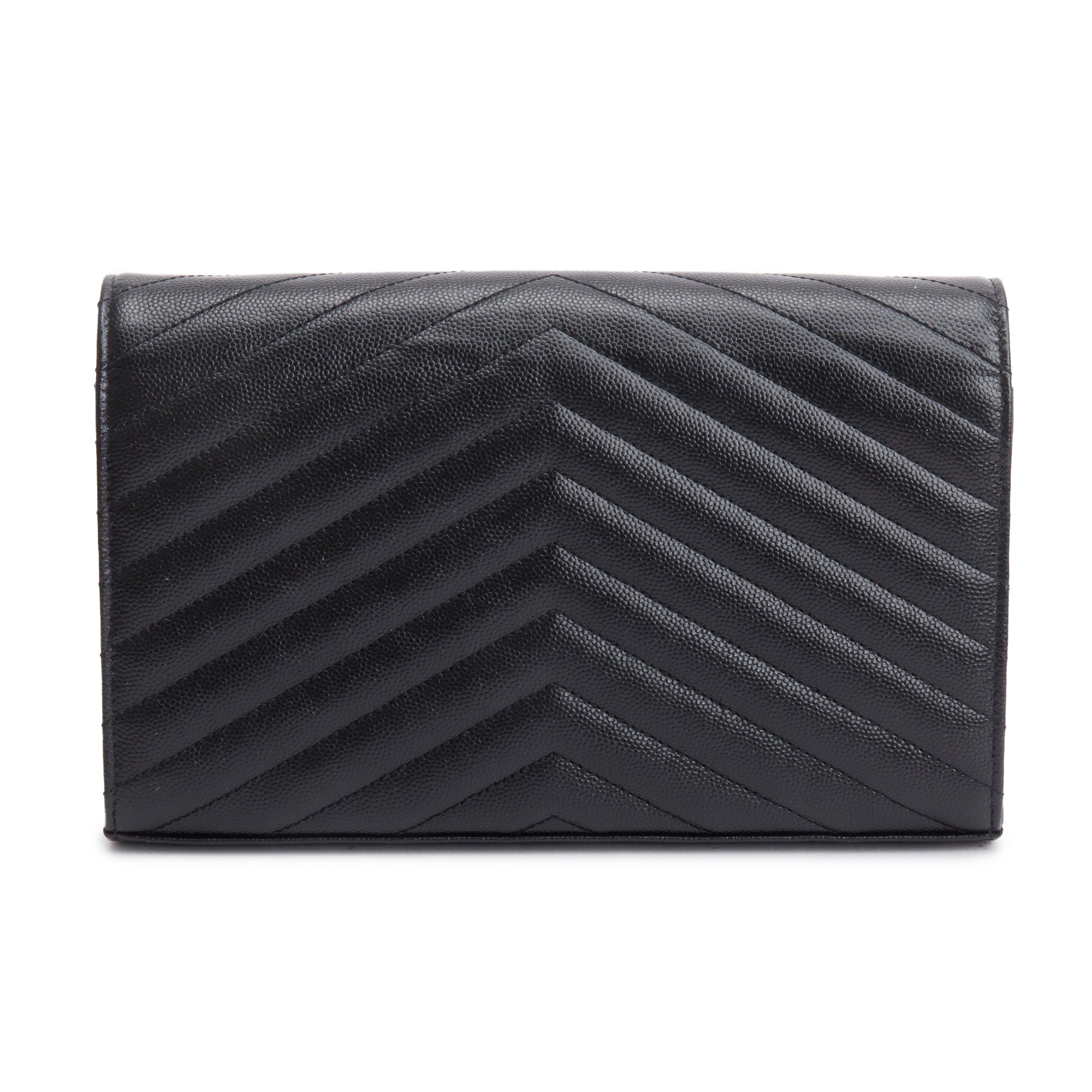 Saint Laurent 2022 Black Grain De Poudre Cassandre Envelope Chain Wallet w/ Box