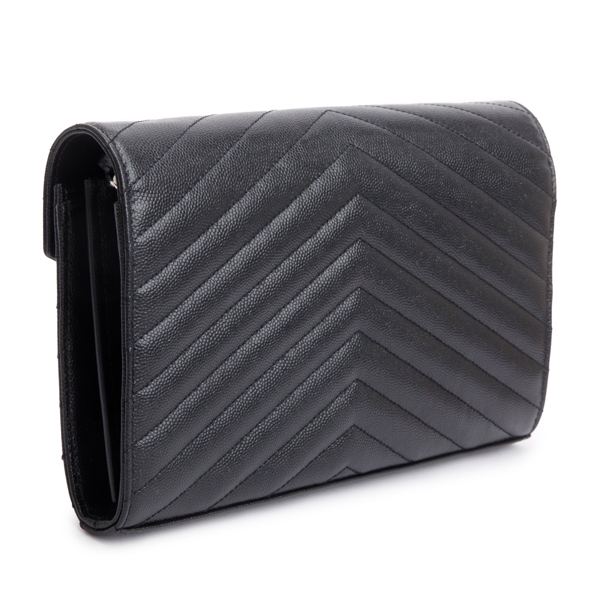 Saint Laurent 2022 Black Grain De Poudre Cassandre Envelope Chain Wallet w/ Box