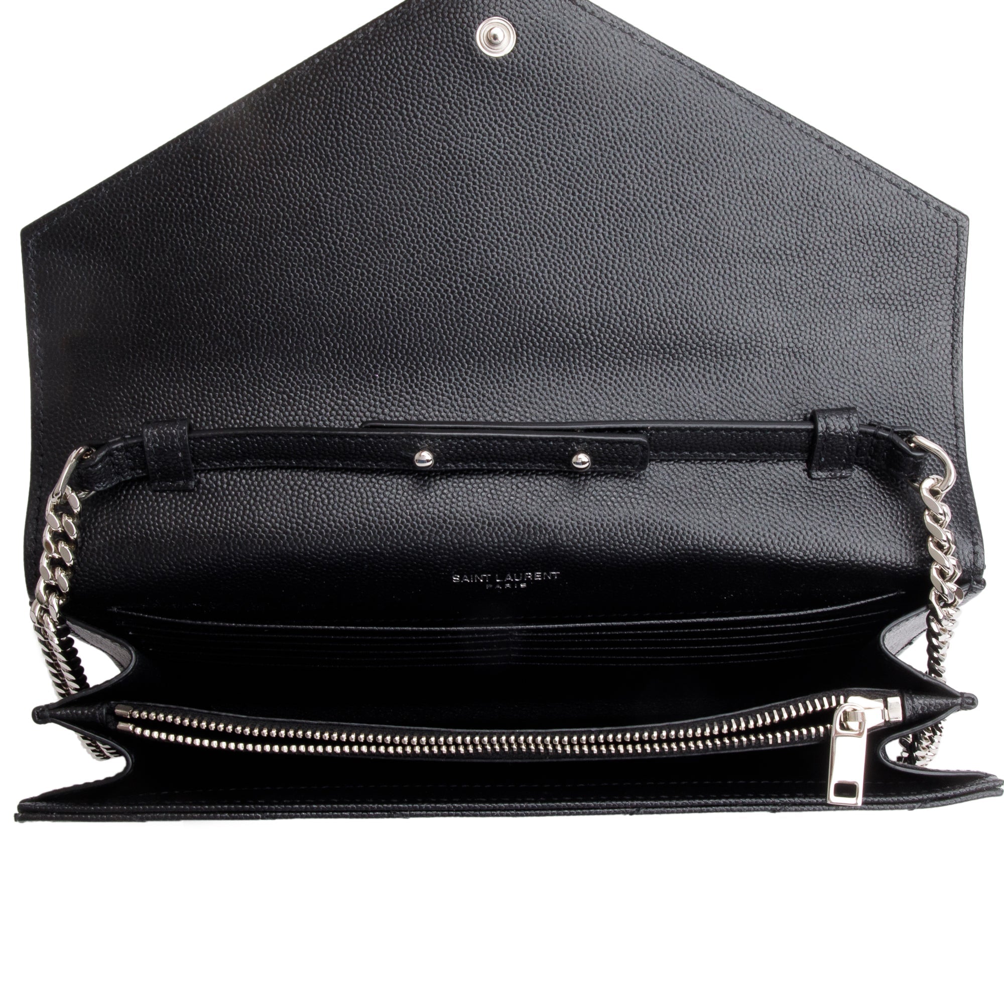 Saint Laurent 2022 Black Grain De Poudre Cassandre Envelope Chain Wallet w/ Box