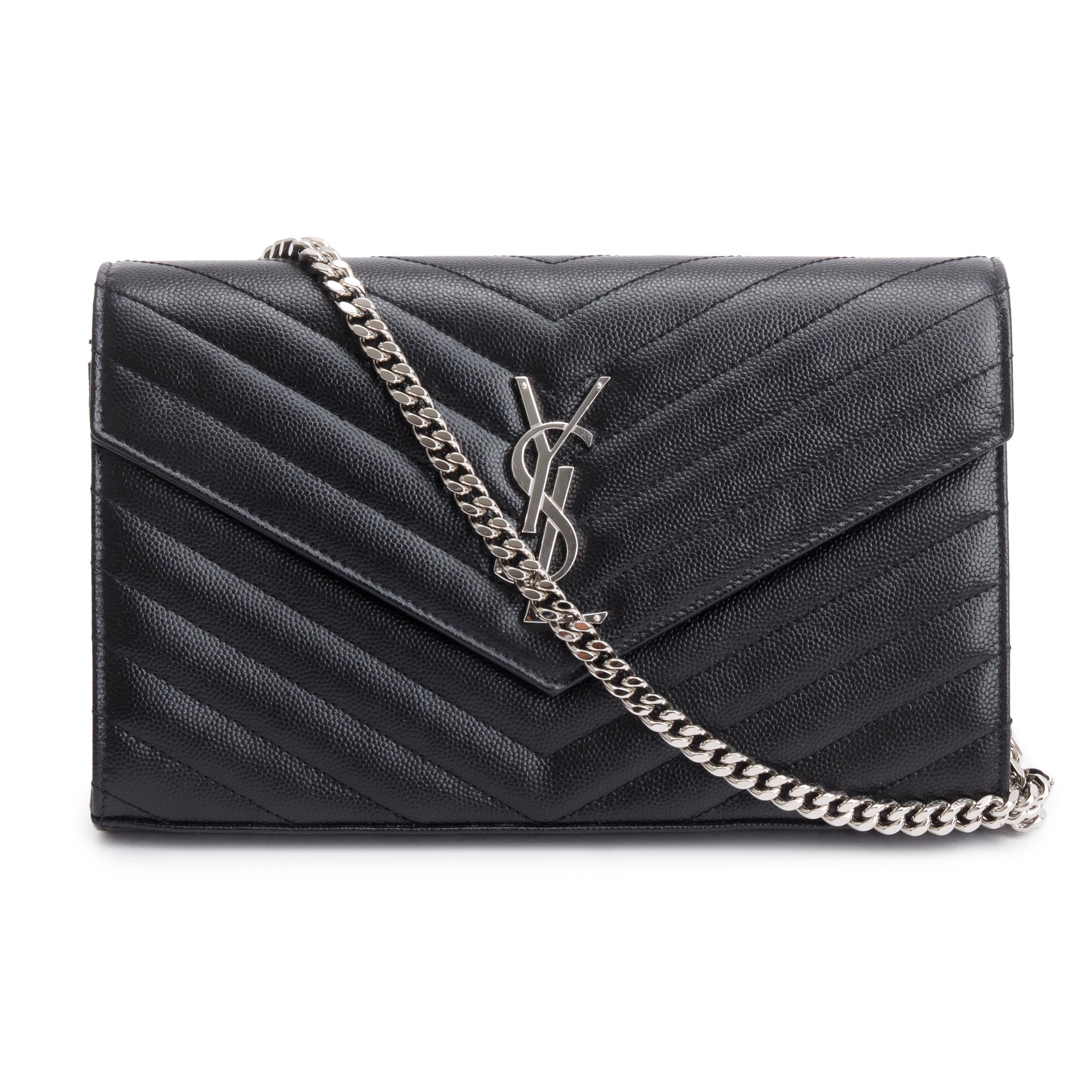 Saint Laurent 2022 Black Grain De Poudre Cassandre Envelope Chain Wallet w/ Box