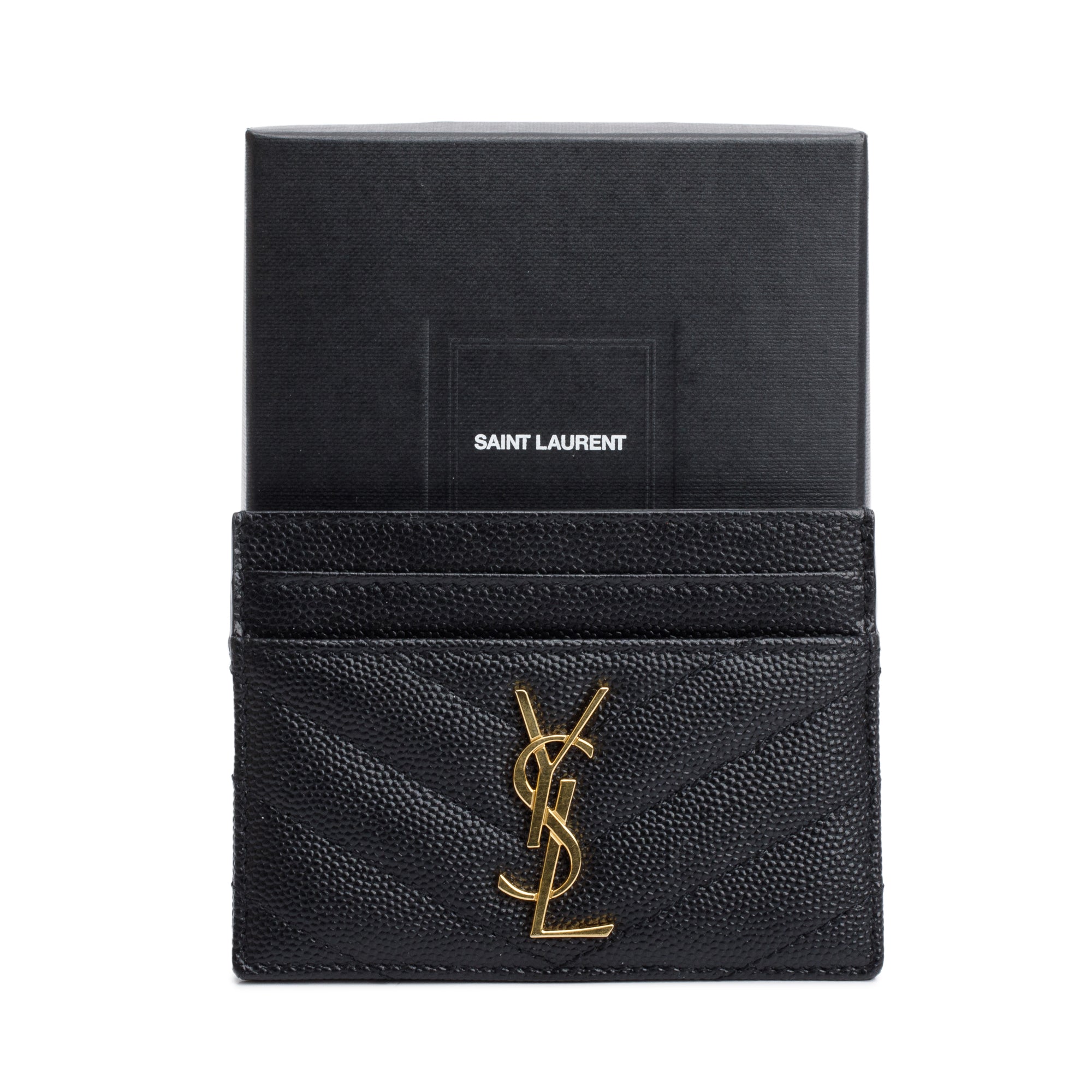 Saint Laurent 2022 Black Grain De Poudre Leather Cassandre Matelasse Card Case w/ Box