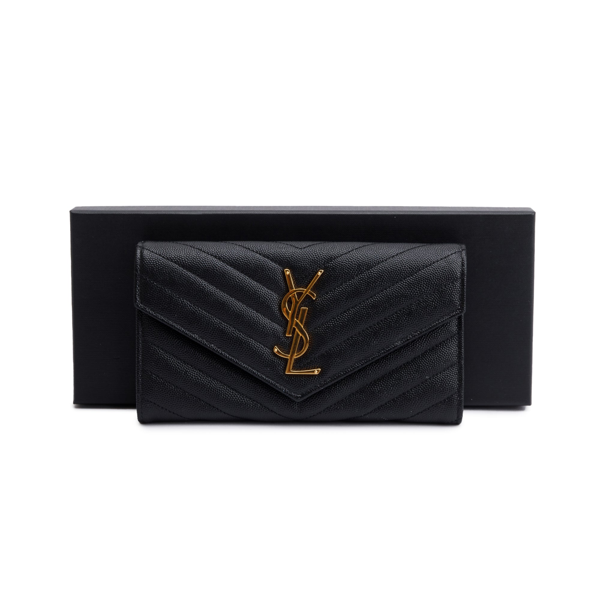 Saint Laurent 2022 Black Grain De Poudre Leather Cassandre Matelasse Large Flap Wallet w/ Box