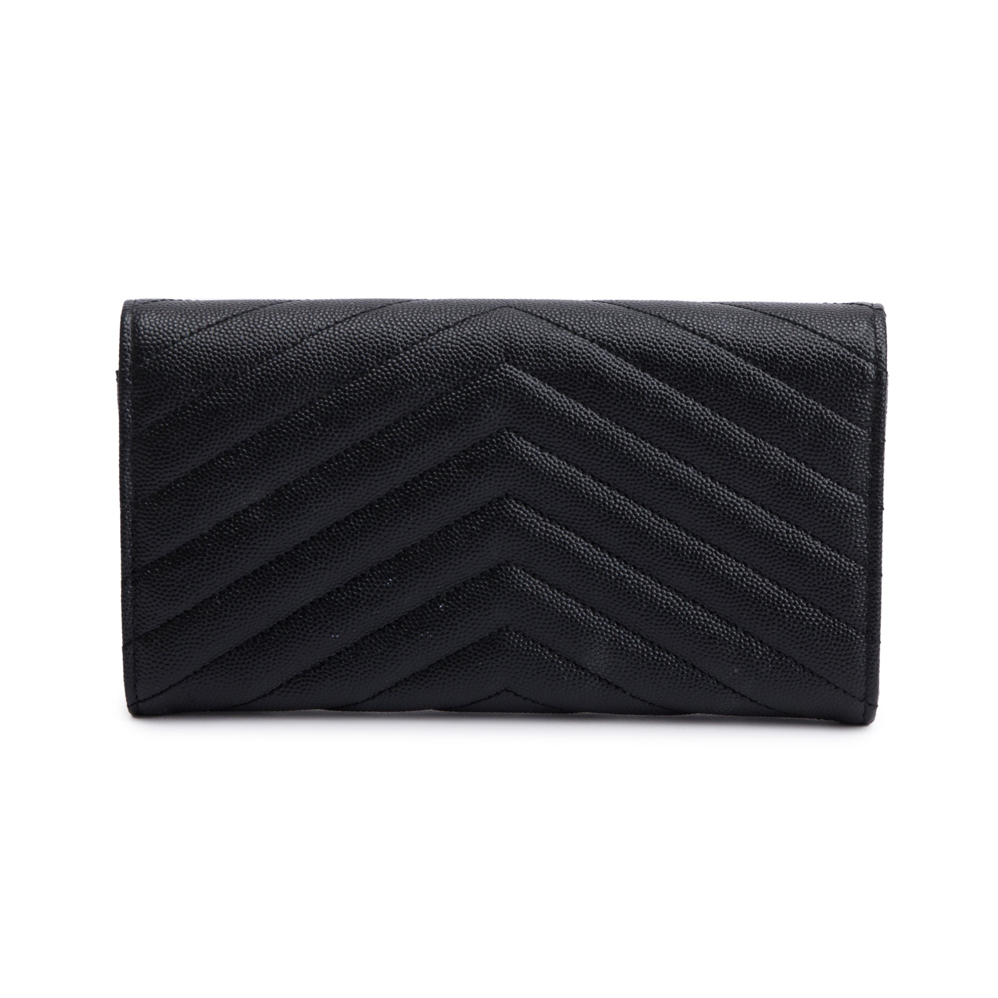 Saint Laurent 2022 Black Grain De Poudre Leather Cassandre Matelasse Large Flap Wallet w/ Box