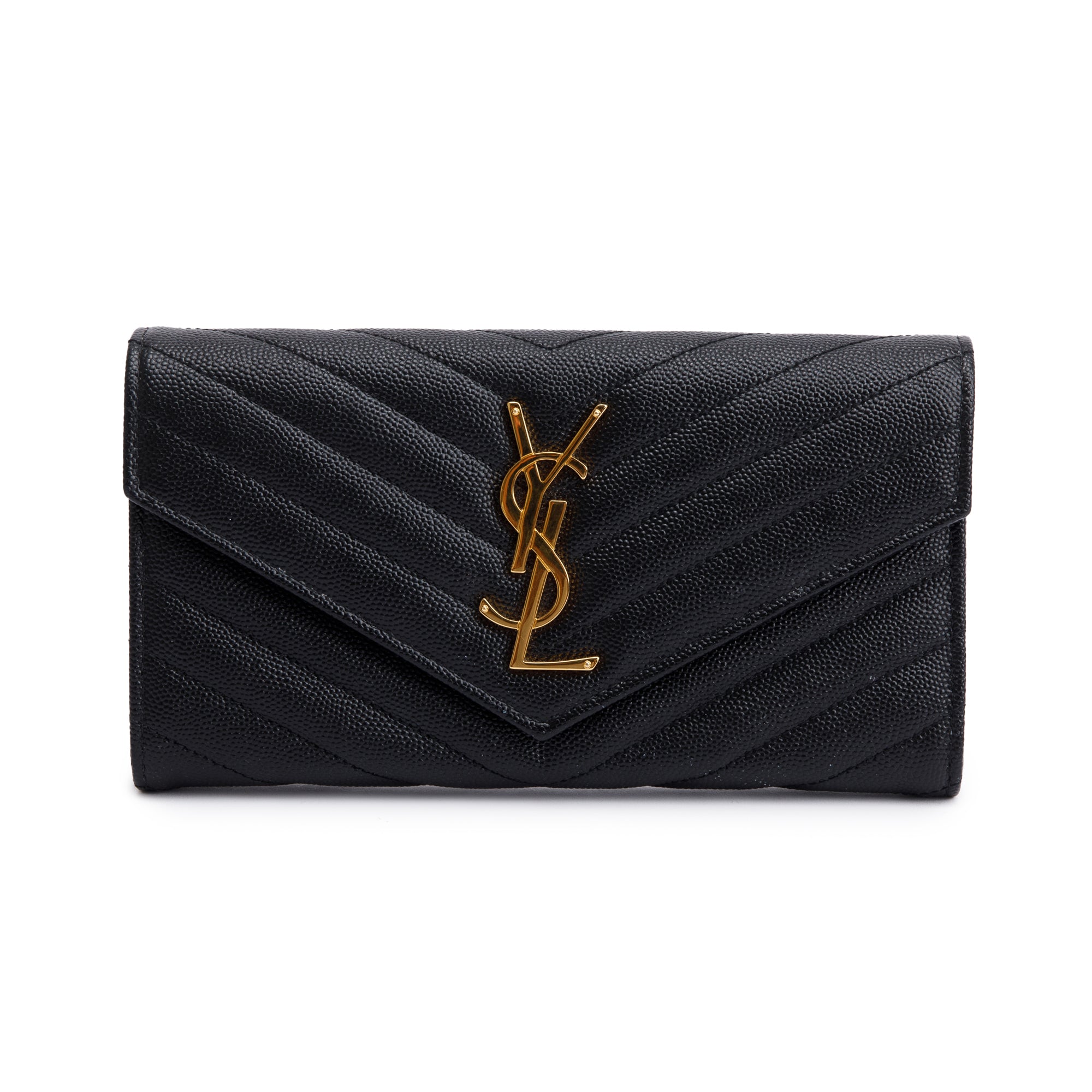 Saint Laurent 2022 Black Grain De Poudre Leather Cassandre Matelasse Large Flap Wallet w/ Box
