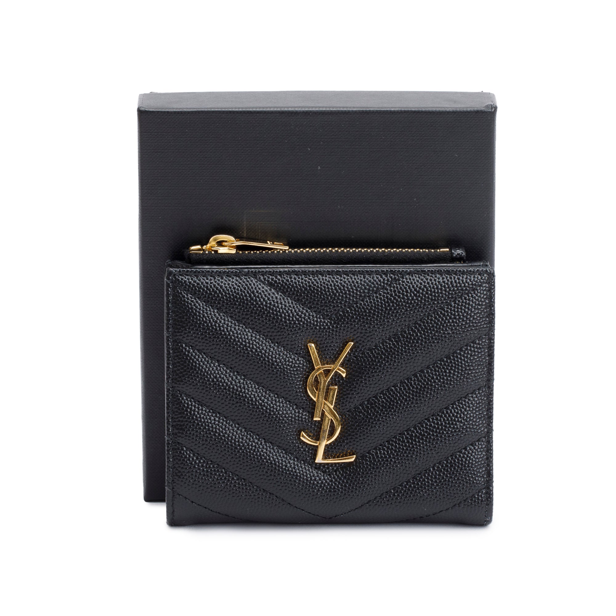 Saint Laurent 2022 Black Grain de Poudre Leather Cassandre Matelasse Bi-Fold Wallet w/ Box
