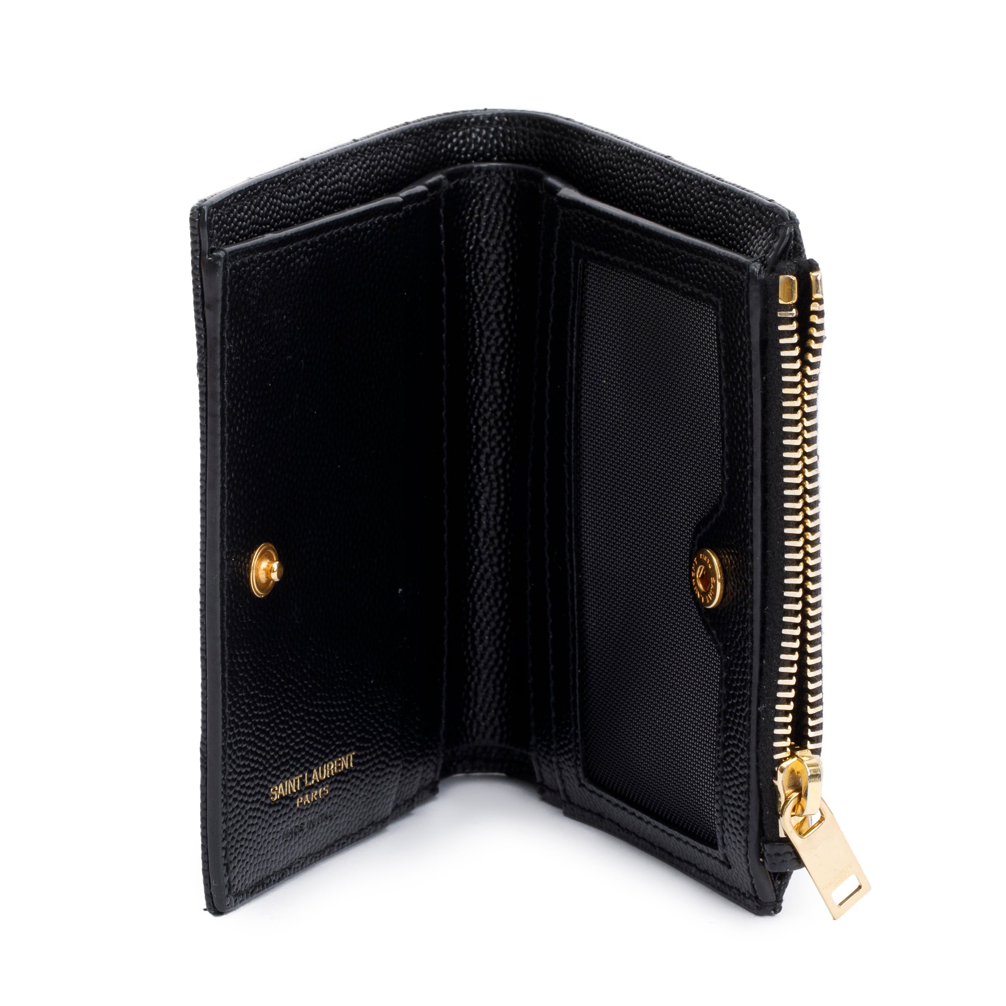 Saint Laurent 2022 Black Grain de Poudre Leather Cassandre Matelasse Bi-Fold Wallet w/ Box