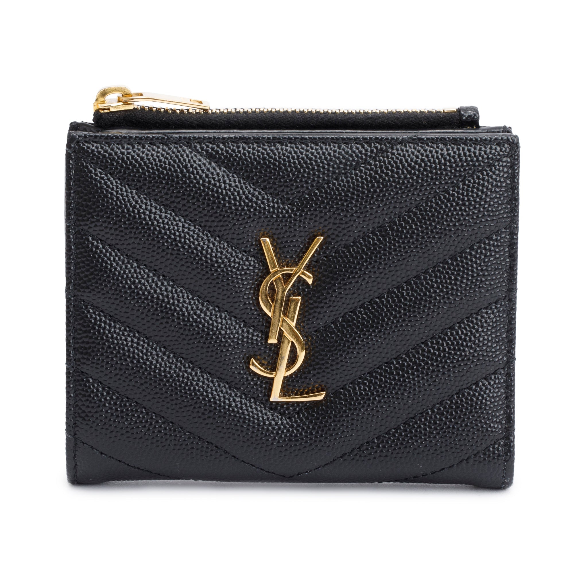 Saint Laurent 2022 Black Grain de Poudre Leather Cassandre Matelasse Bi-Fold Wallet w/ Box