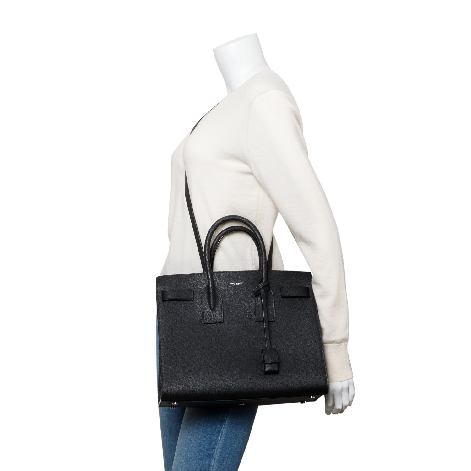Saint Laurent 2022 Black Grained Calfskin Leather Small Sac De Jour w/ Strap
