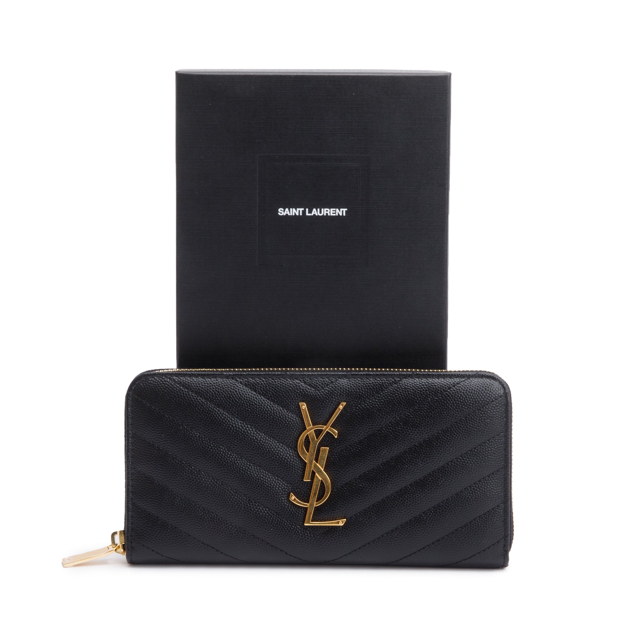 Saint Laurent 2022 Black Grained De Poudre Cassandre Marelasse Zip Around Wallet w/ Box