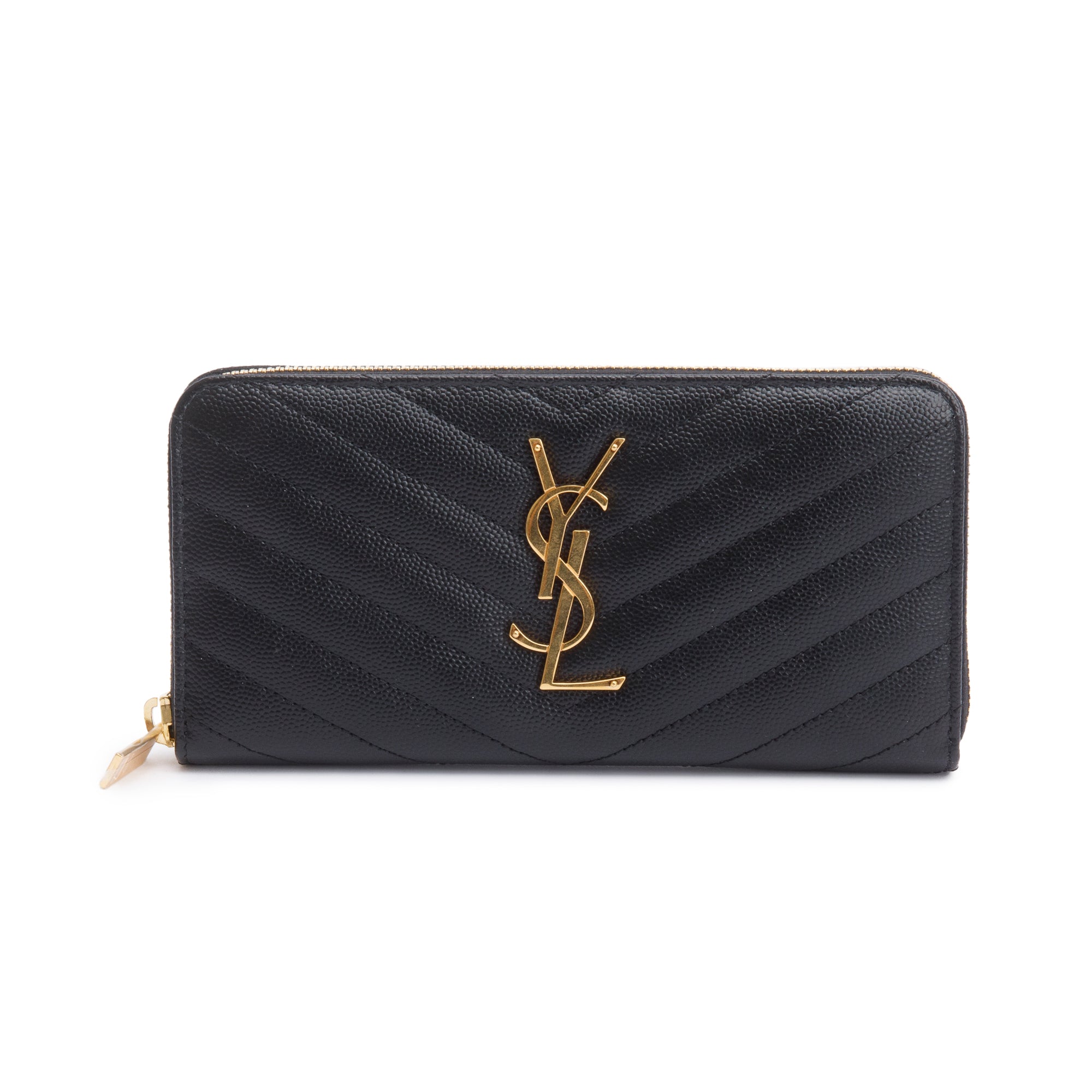 Saint Laurent 2022 Black Grained De Poudre Cassandre Marelasse Zip Around Wallet w/ Box
