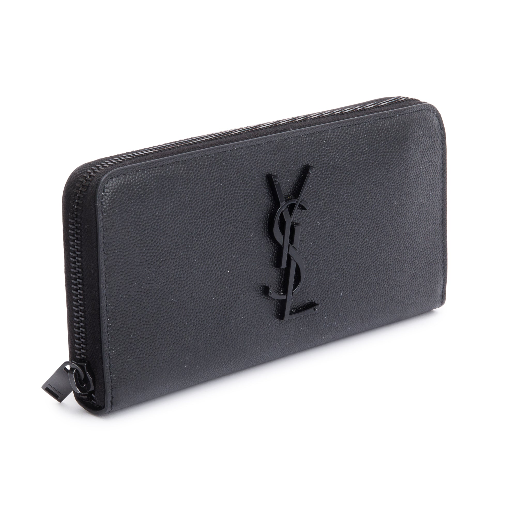 Saint Laurent 2022 Black Grained De Poudre Cassandre Zip Around Wallet w/ Box