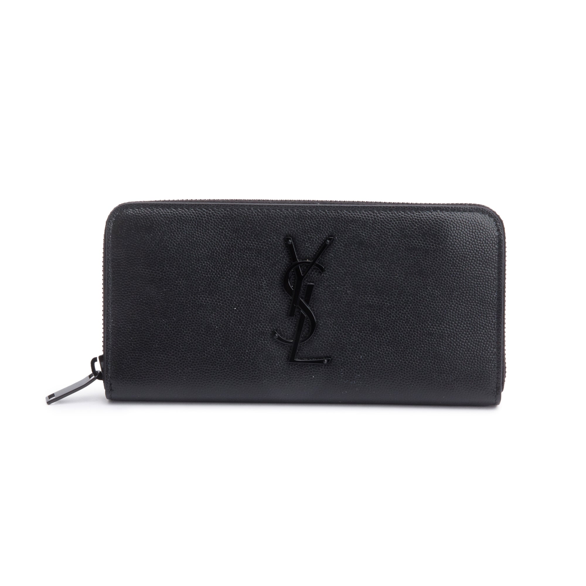 Saint Laurent 2022 Black Grained De Poudre Cassandre Zip Around Wallet w/ Box