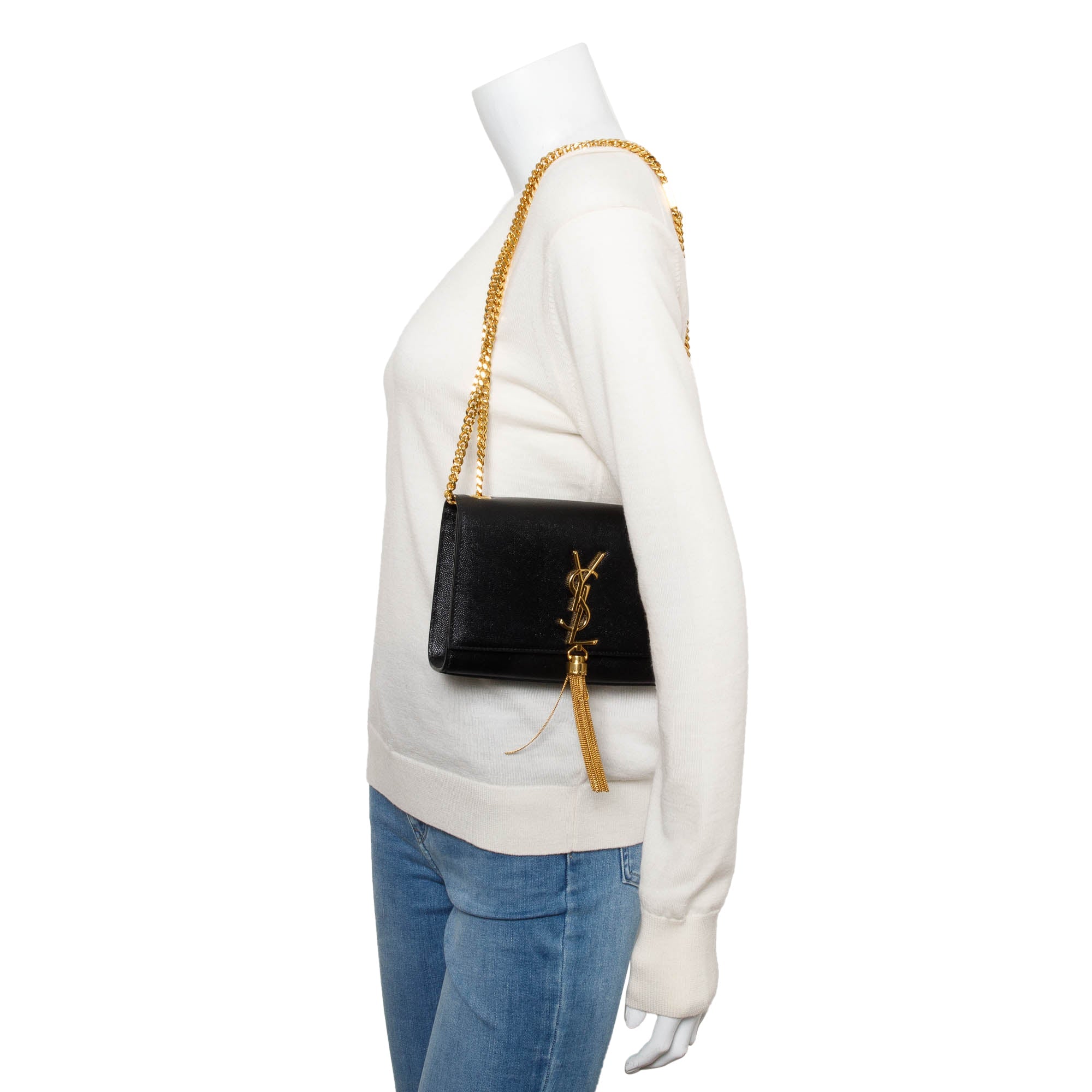 Saint Laurent 2022 Black Grained De Poudre Leather Small Kate Tassel Bag w/ Box
