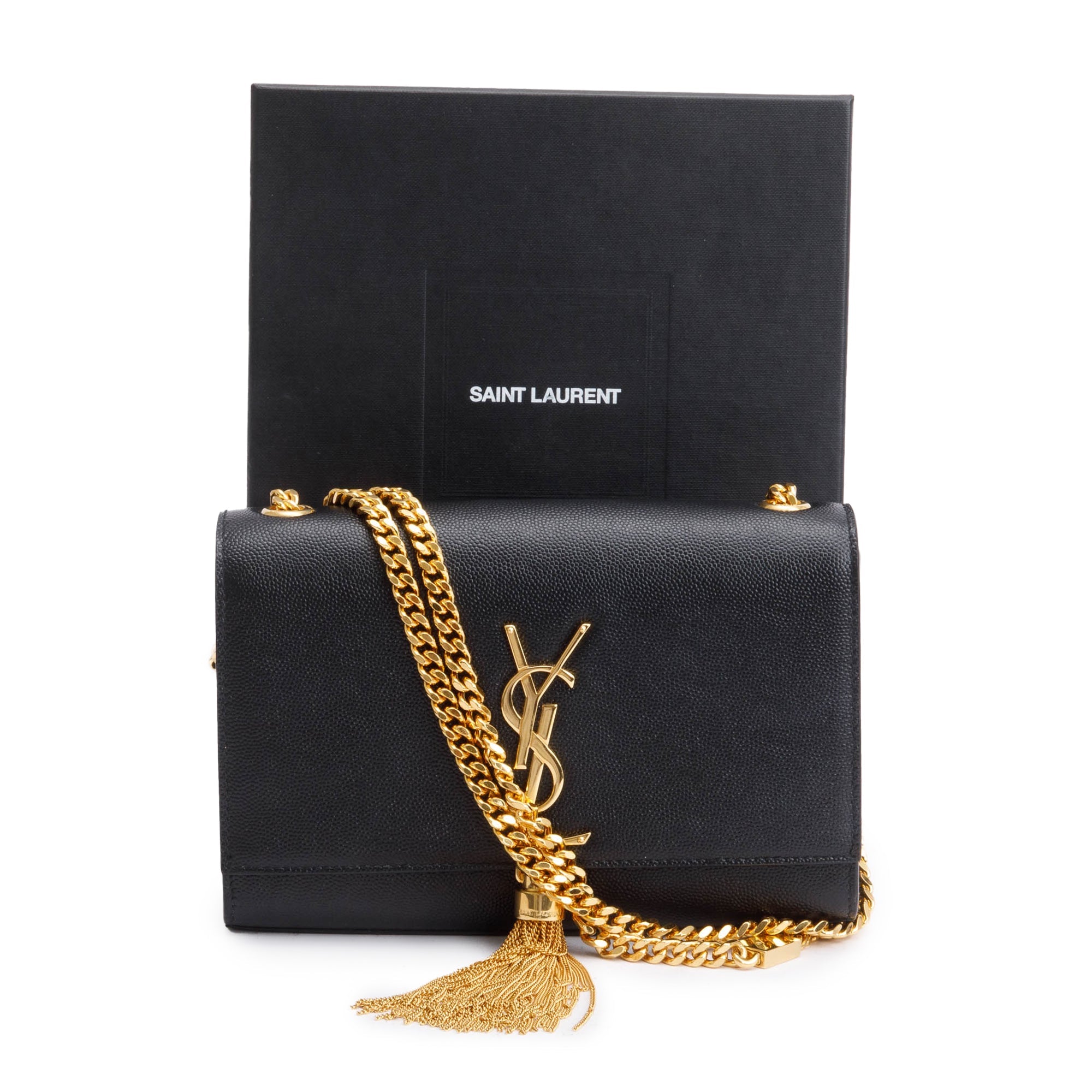 Saint Laurent 2022 Black Grained De Poudre Leather Small Kate Tassel Bag w/ Box